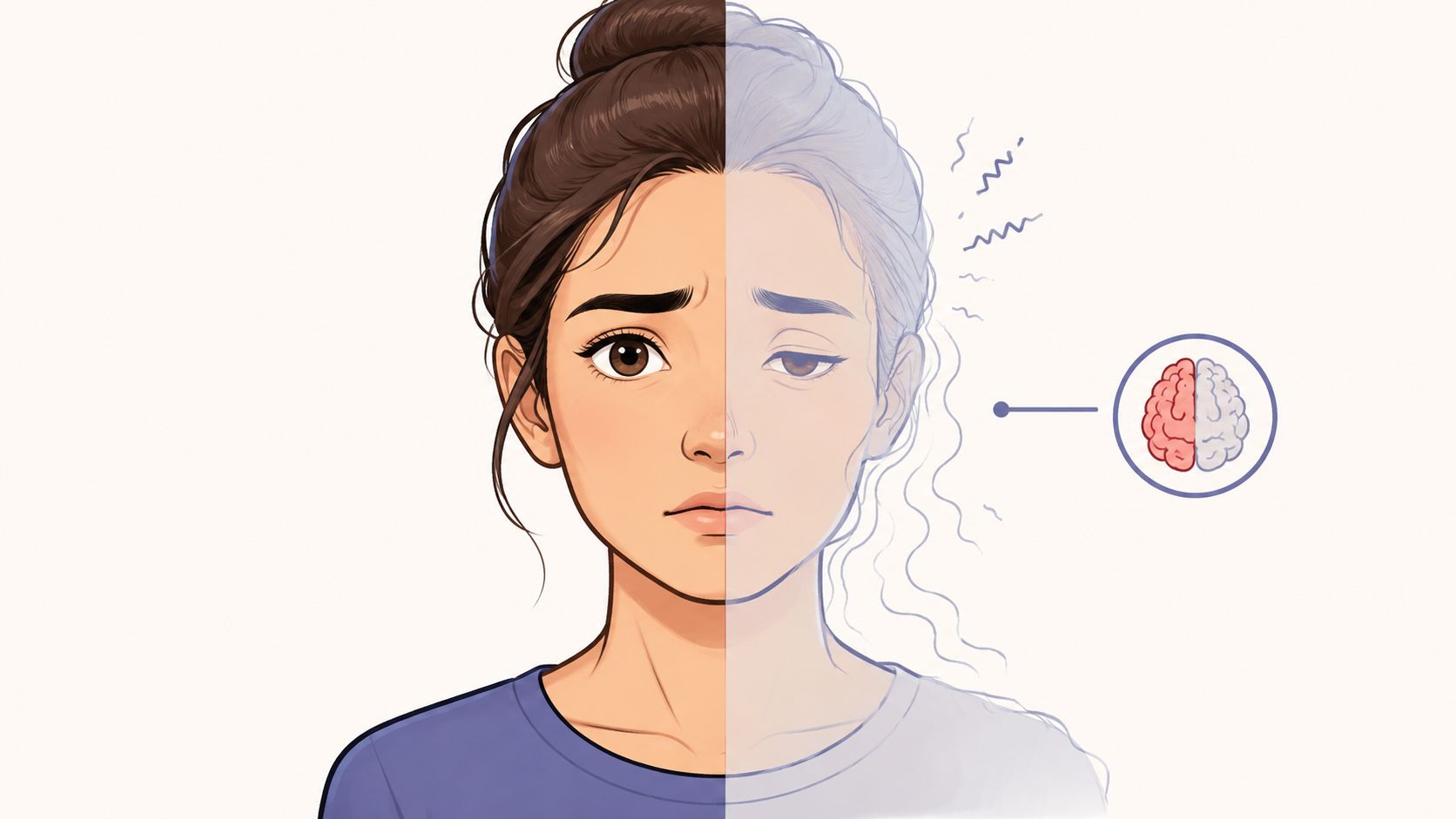 An illustration showing a woman suffering from a migraine with numbness and vision changes on one side.