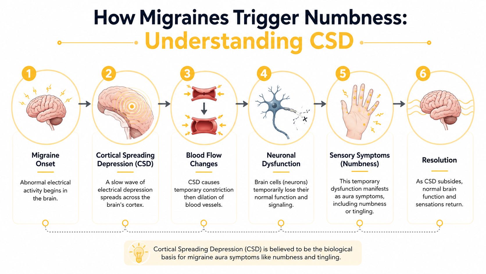 An infographic showing six steps of how cortical spreading depression causes migraine-related numbness and tingling sensations.