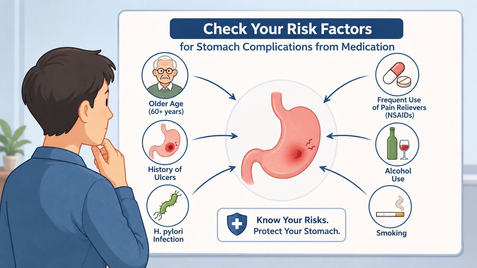 An infographic illustrating various risk factors for stomach complications from medication use, including lifestyle and medical history.