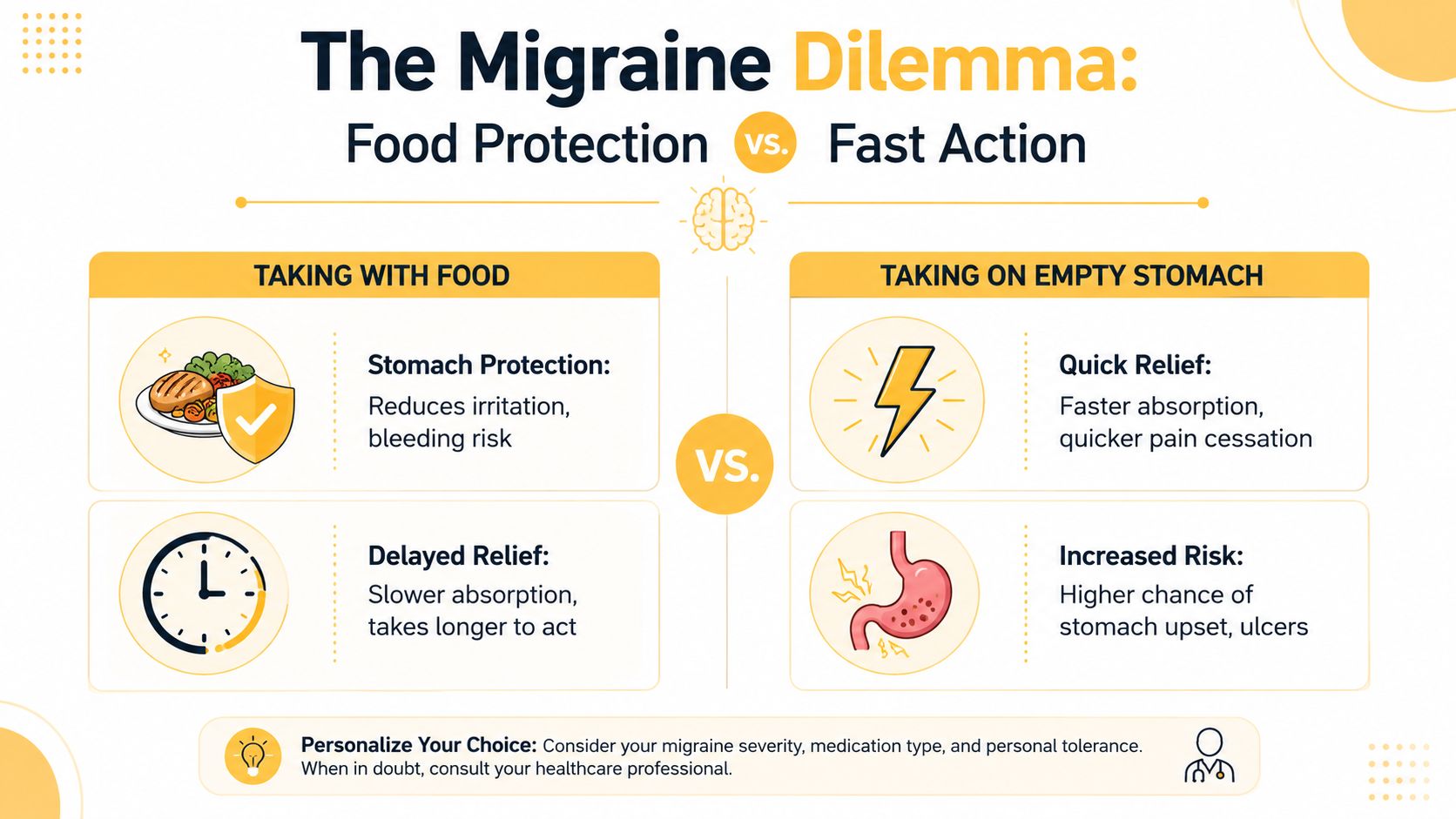 An infographic comparing taking migraine medication with food versus on an empty stomach for pain relief.