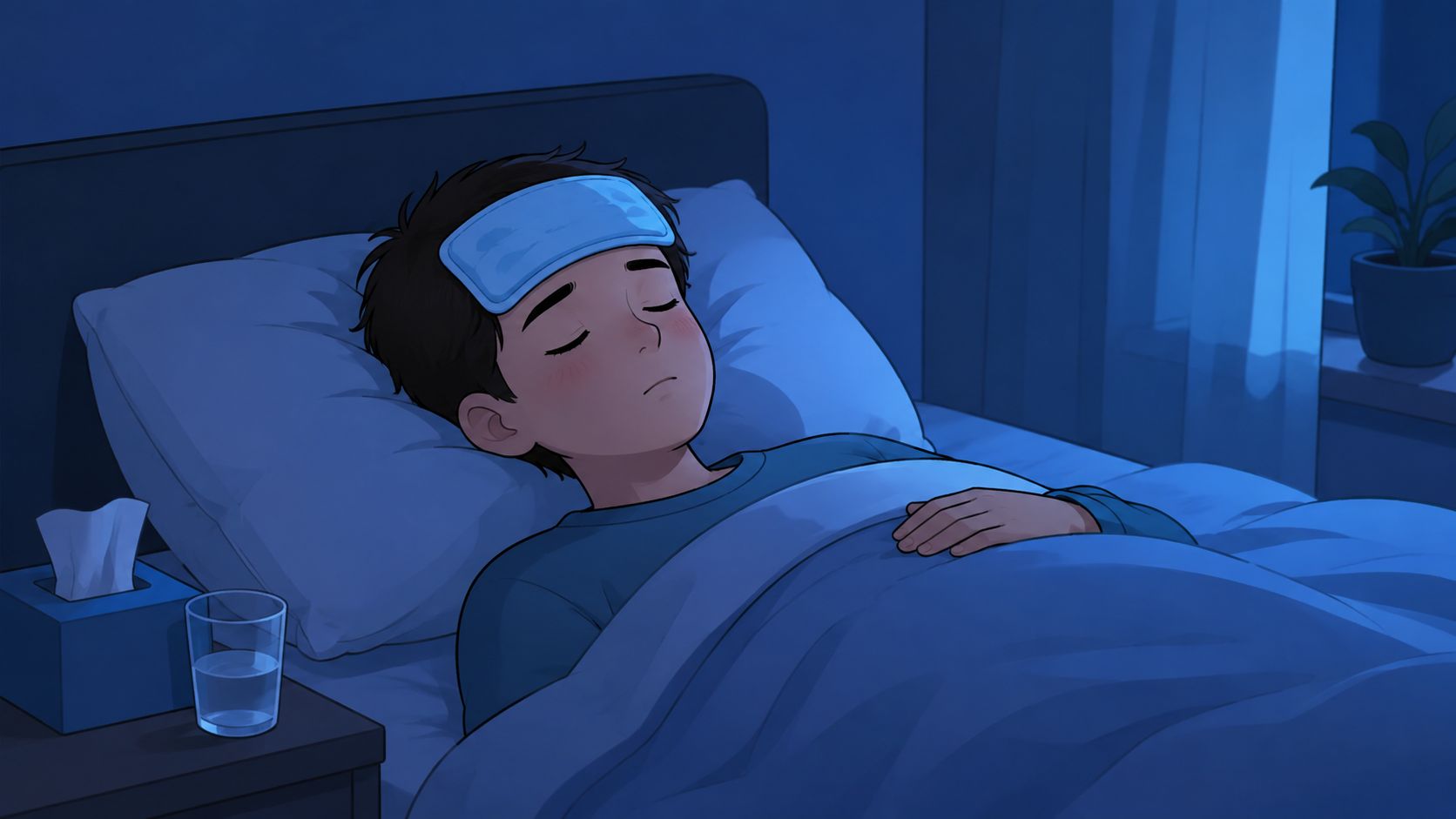 A sick young boy sleeping soundly in bed at night with a cool compress on his forehead.