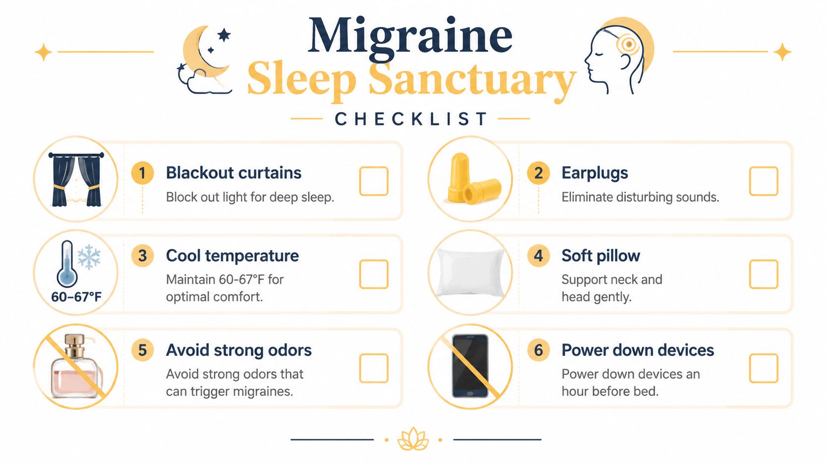 A checklist infographic titled Migraine Sleep Sanctuary illustrating six tips for better sleep with migraines.