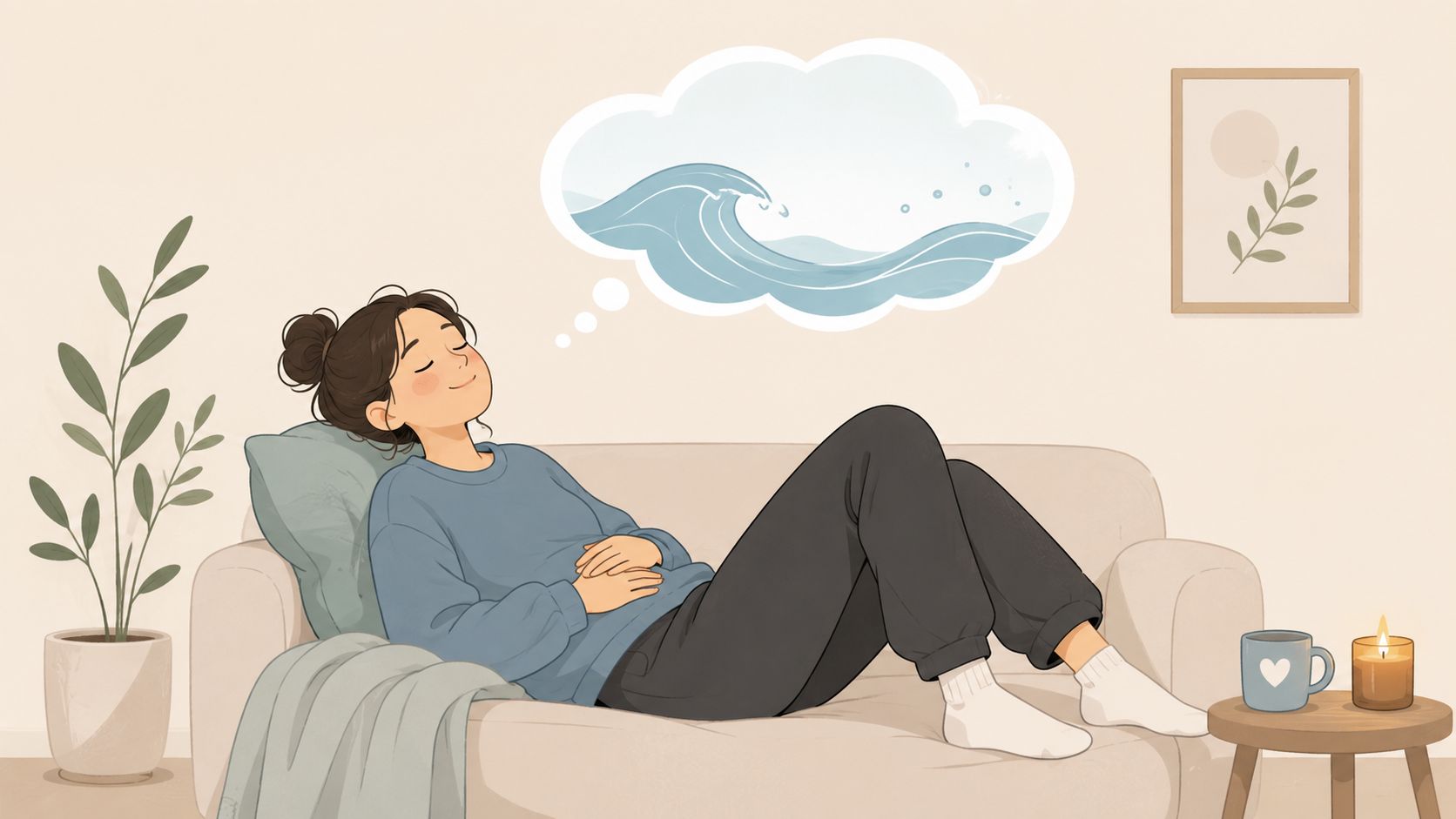 A relaxed woman lounging on a couch while visualizing calm ocean waves in a dream bubble.
