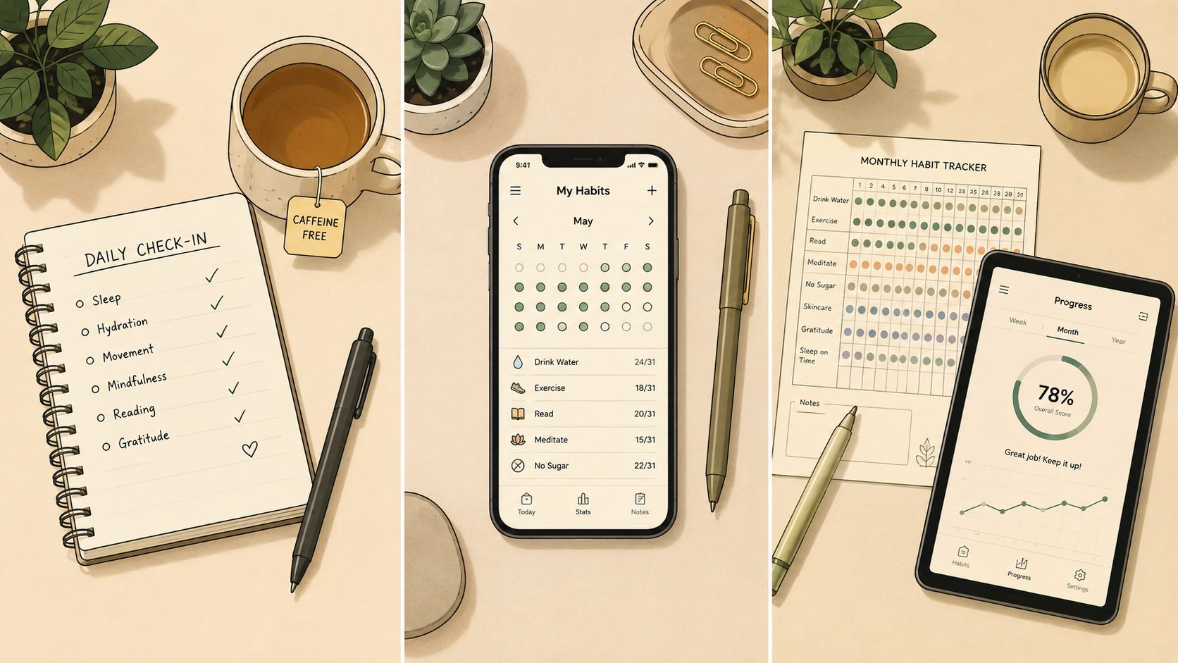Three panels showing daily habit trackers, checklists, and progress charts on a desk with coffee and plants.