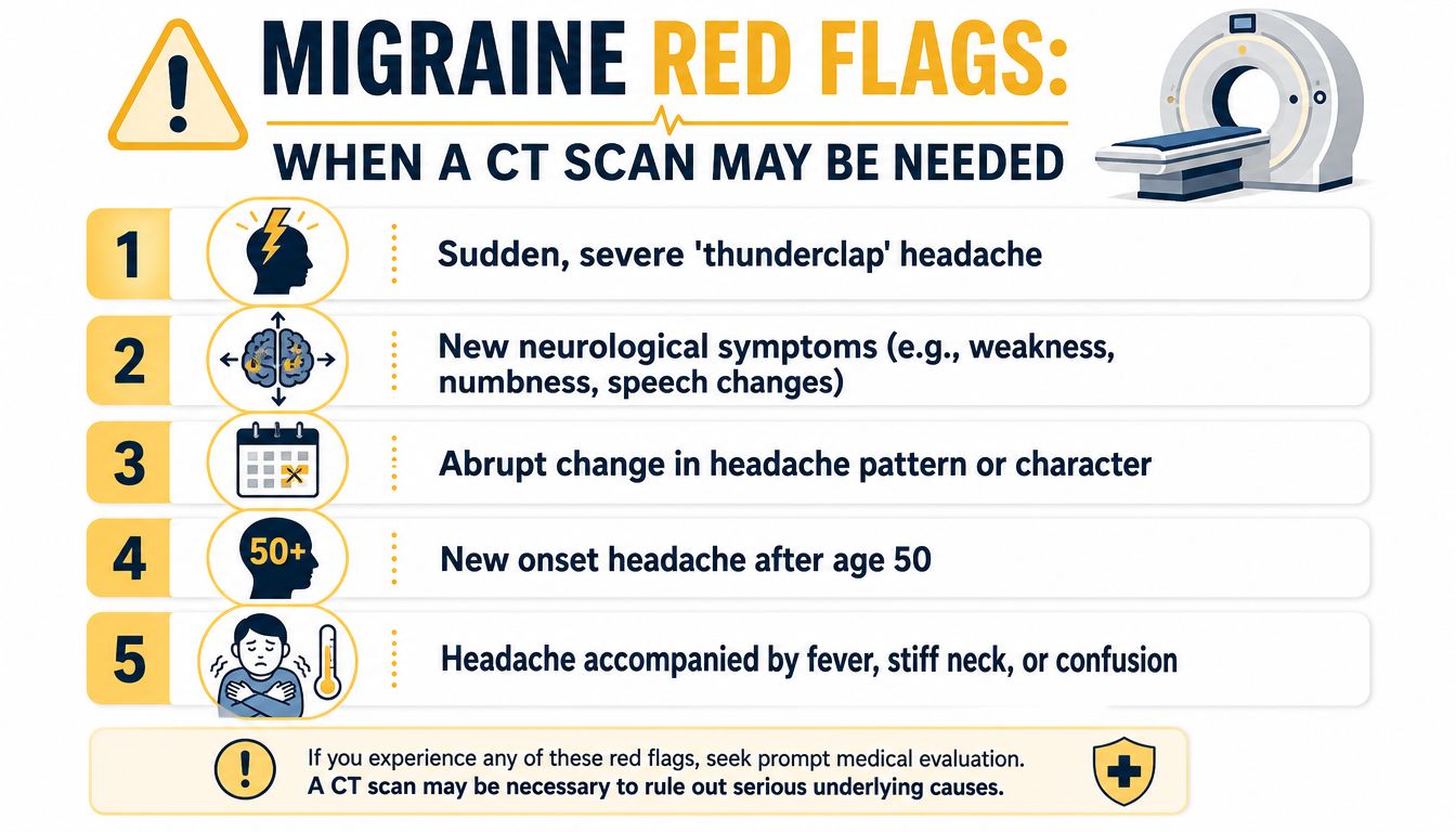 An infographic listing five medical red flags for migraines that may indicate a need for a CT scan.