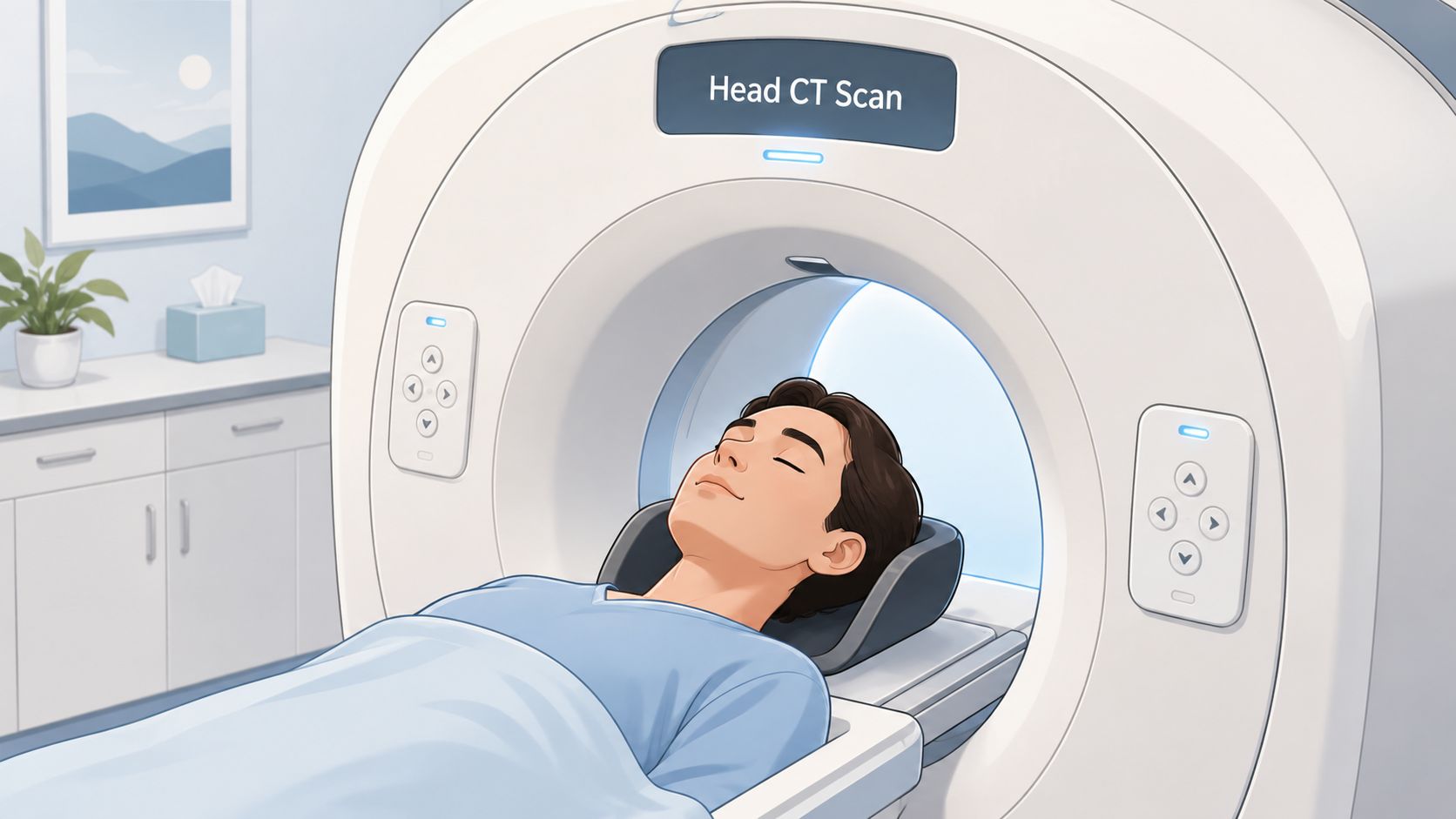A person lying comfortably in a medical CT scanner machine while undergoing a head imaging procedure.