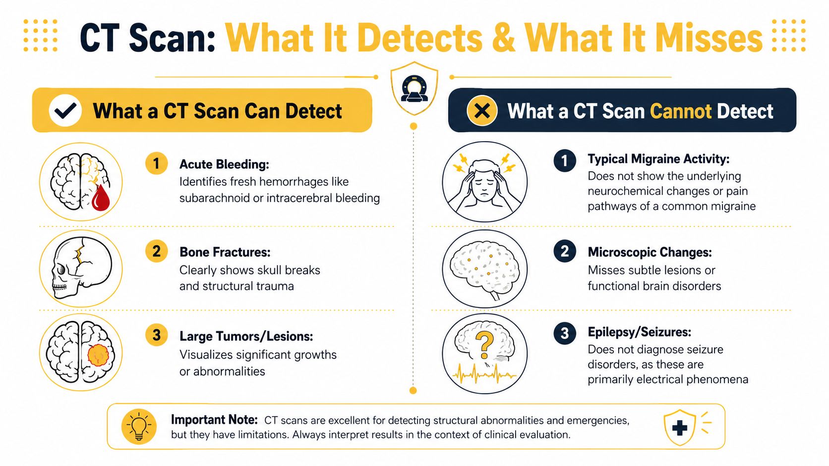An infographic comparing what medical CT scans can and cannot detect regarding brain health and trauma.