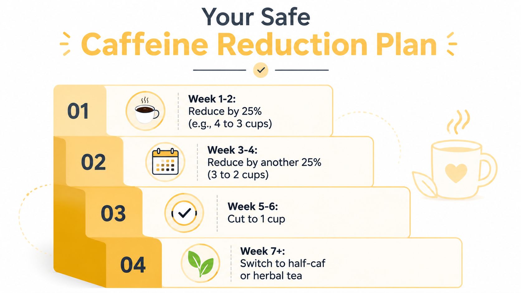 A four-step graphic illustration guiding people through a safe plan to gradually reduce their daily caffeine intake.