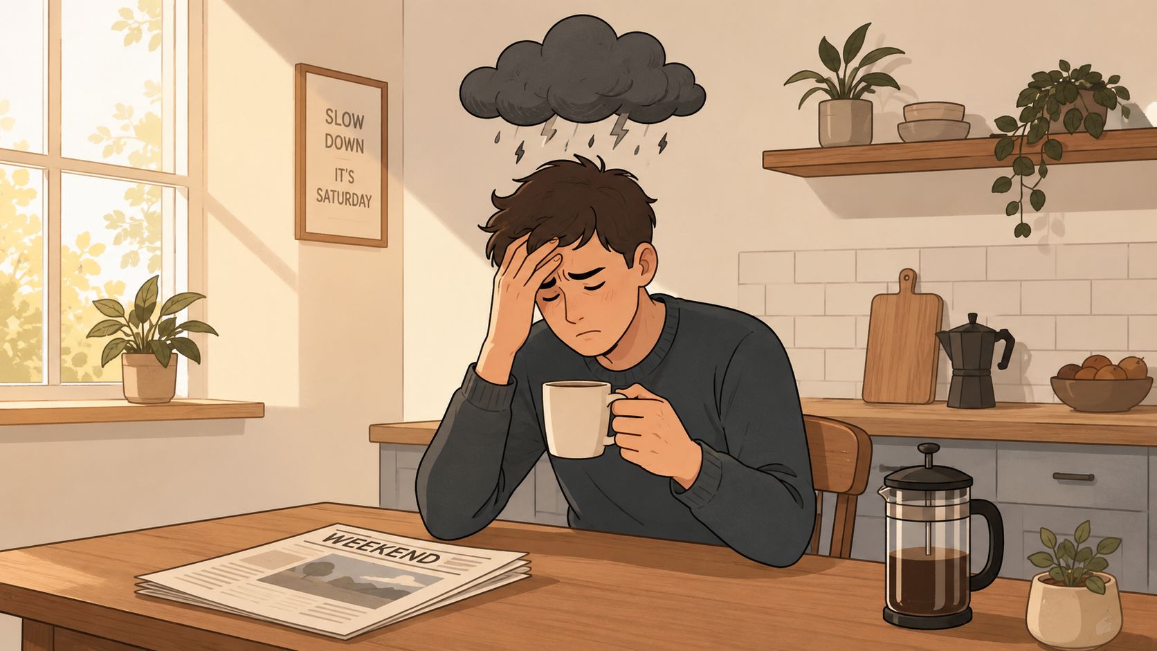 A stressed man with a storm cloud over his head sitting at a kitchen table with coffee.