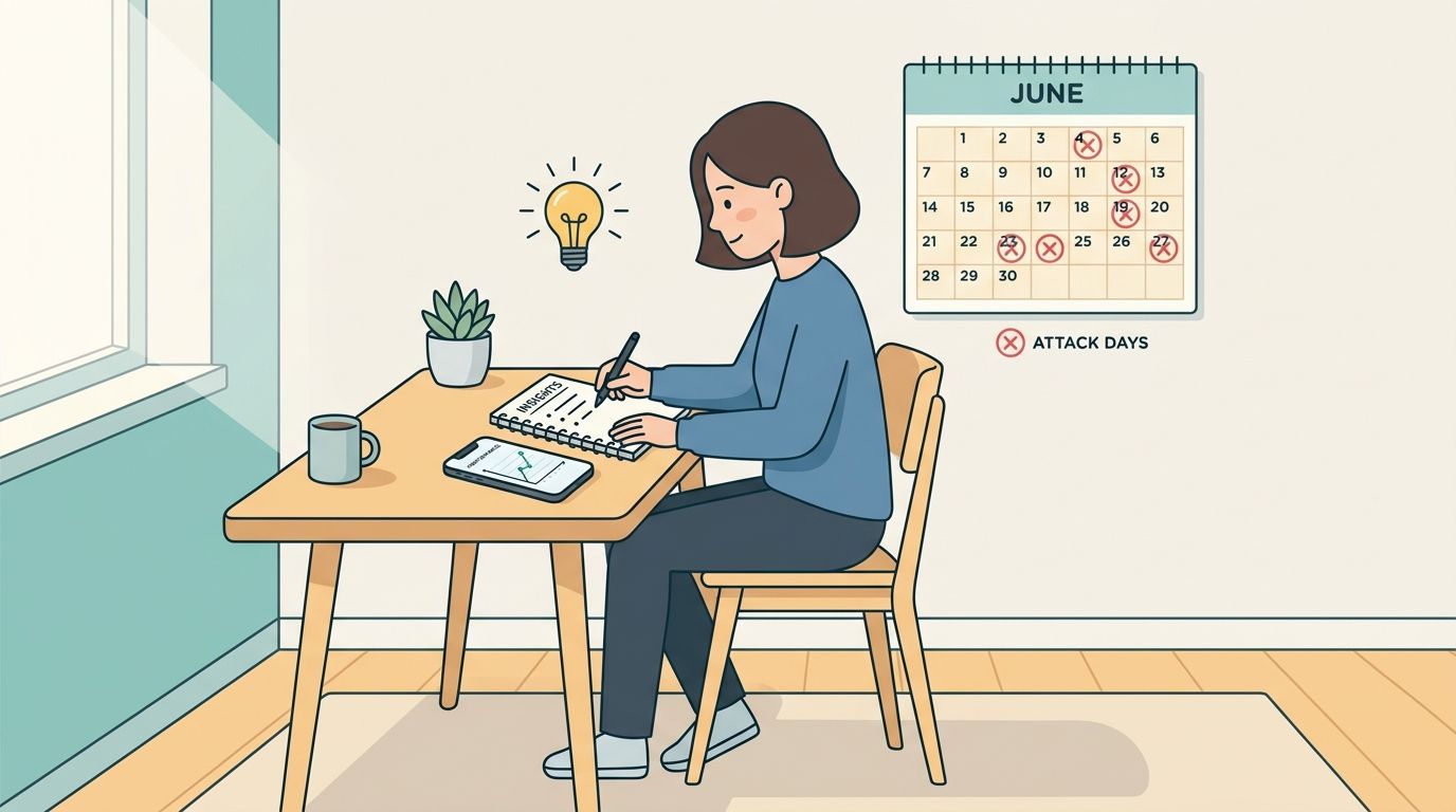 A woman tracking migraine episodes on a June calendar while working at her desk.