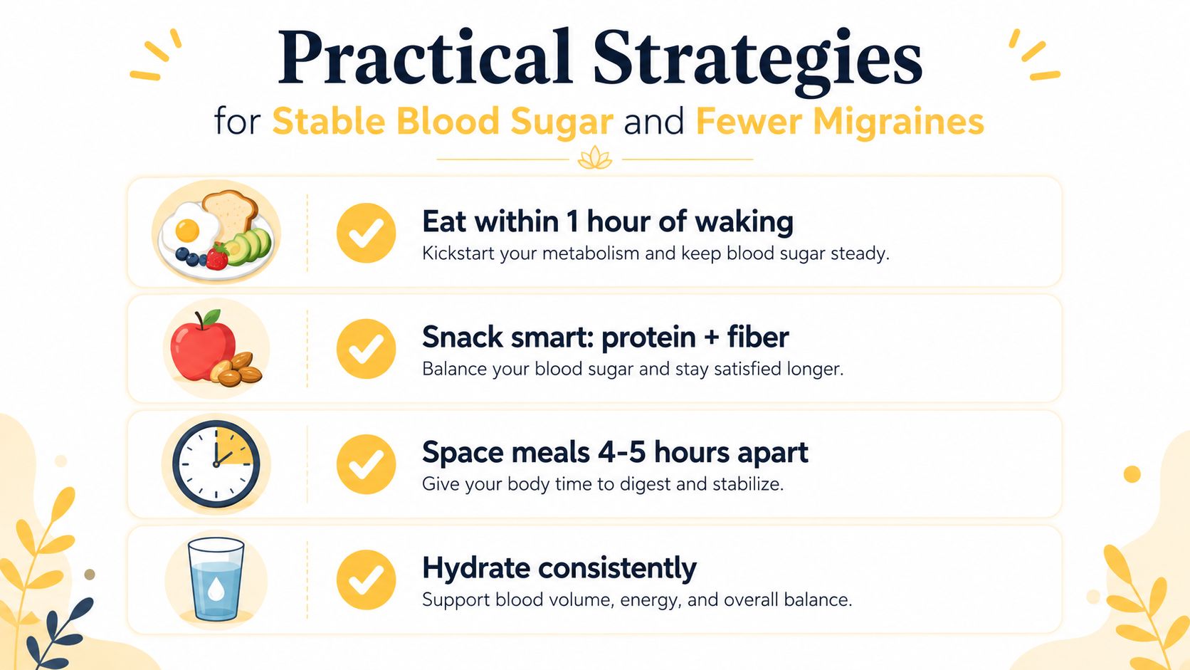 An infographic showing four practical tips for managing blood sugar levels to help reduce migraine frequency.