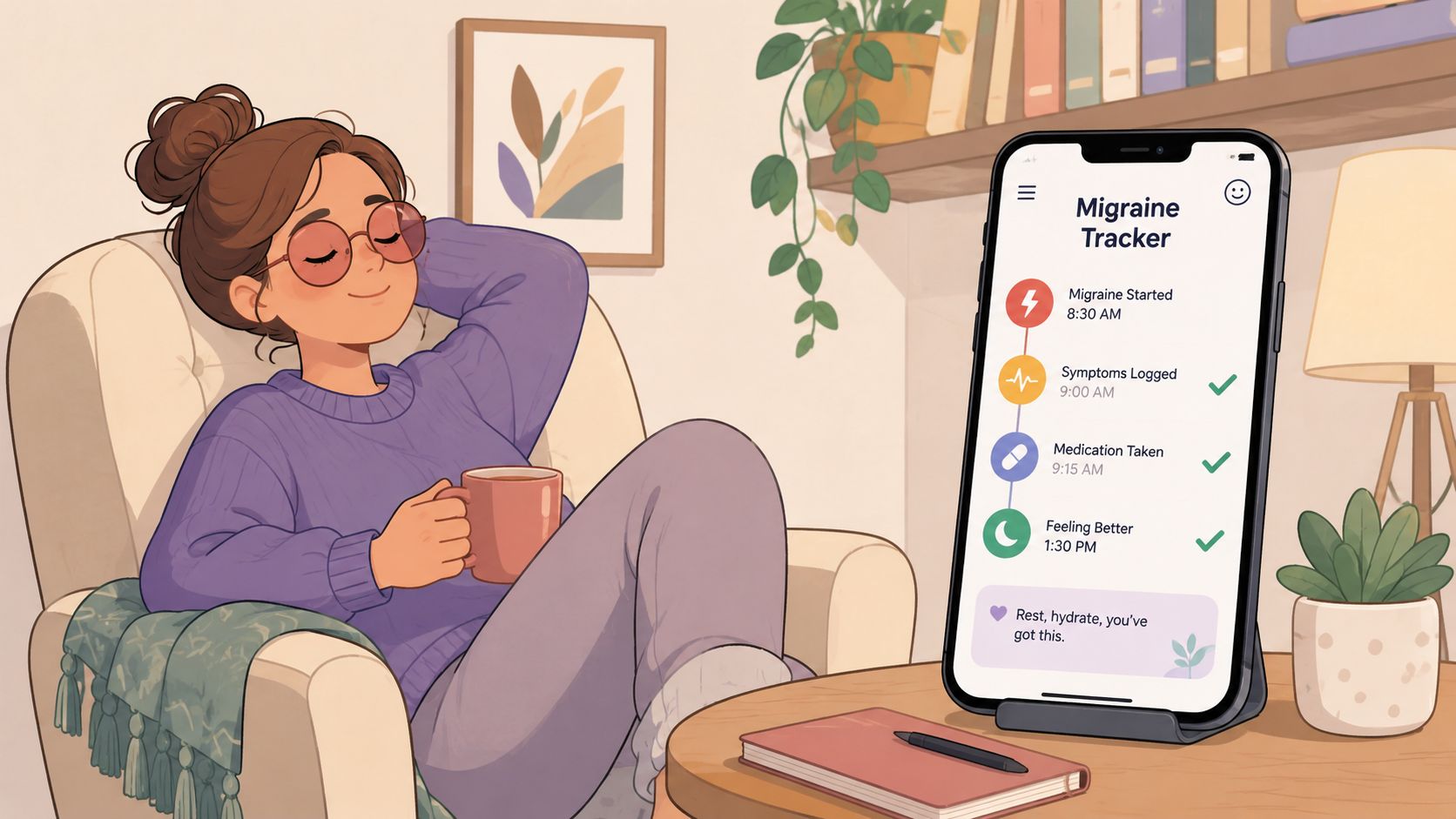 A relaxed woman wearing pink tinted glasses while sitting in an armchair with her migraine tracker app.