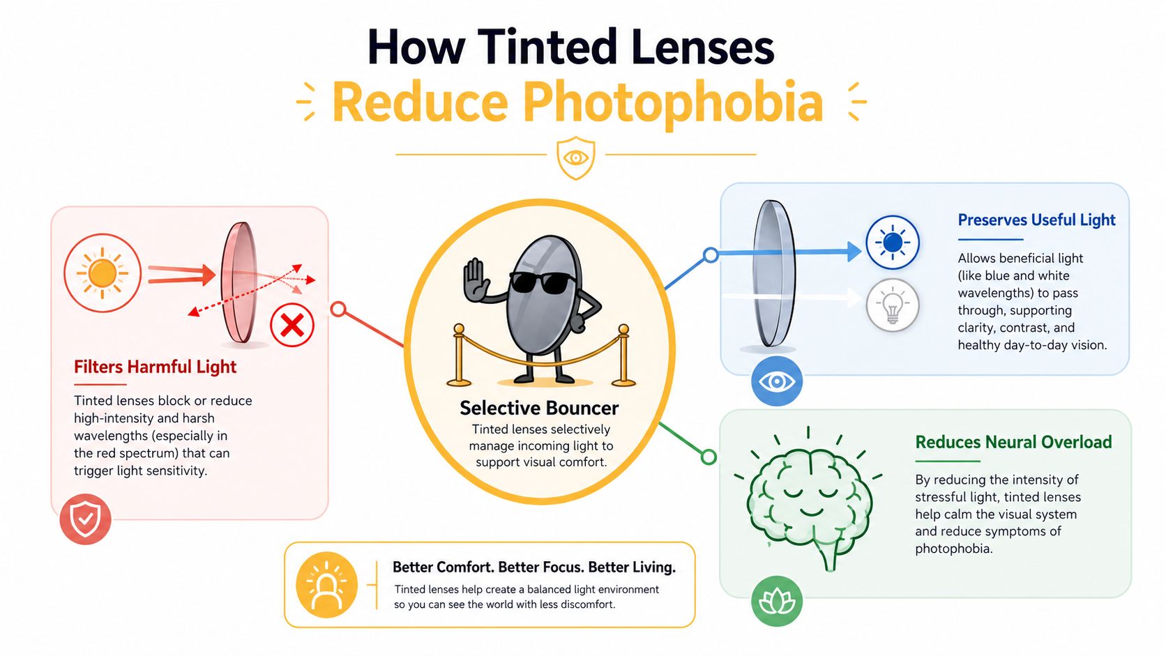 An infographic showing how tinted lenses reduce photophobia by filtering harmful light and preventing neural overload.