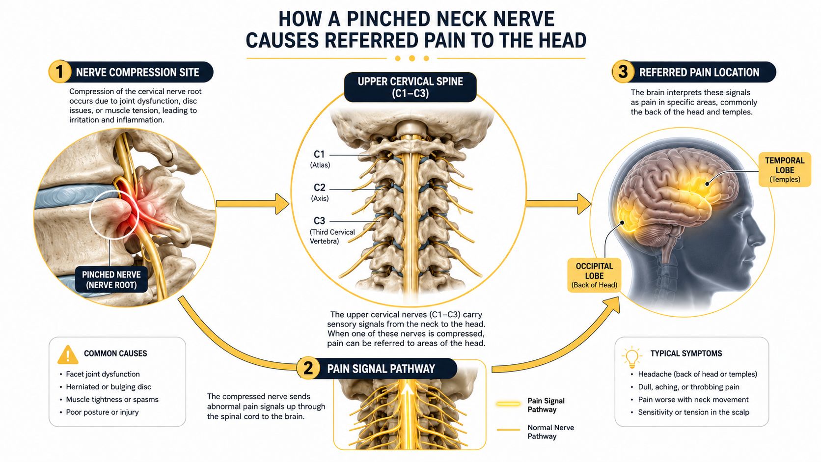 A diagram illustrating how a pinched nerve in the cervical spine causes referred pain to the head.