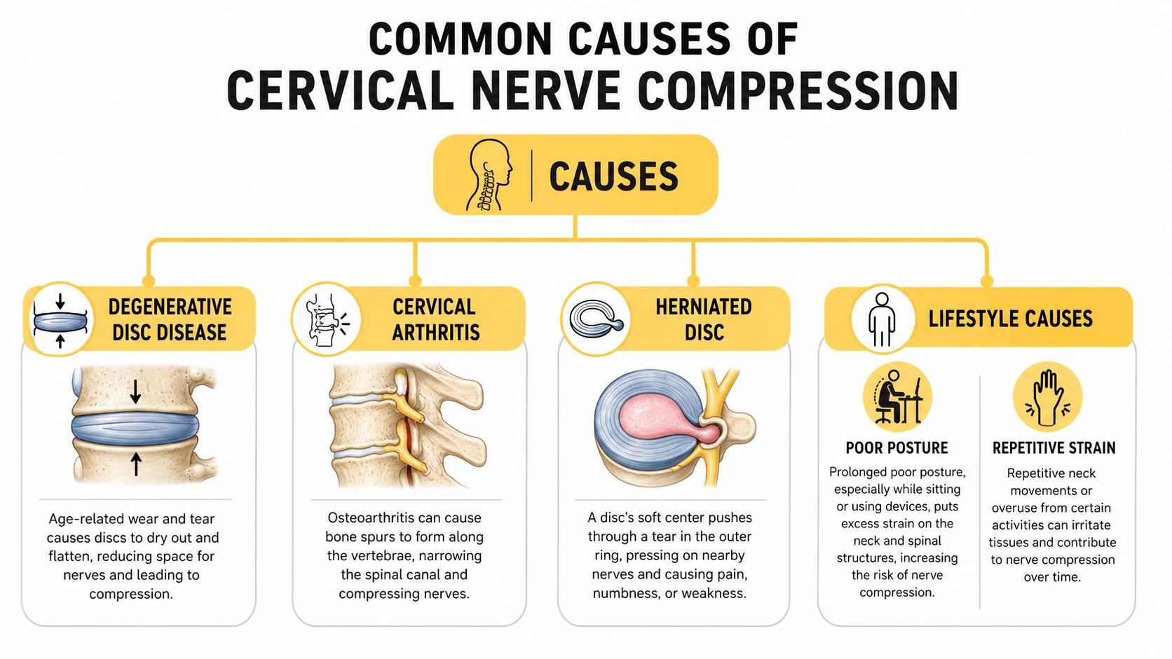 A medical infographic illustrating common causes of cervical nerve compression including disc disease, arthritis, and poor posture.