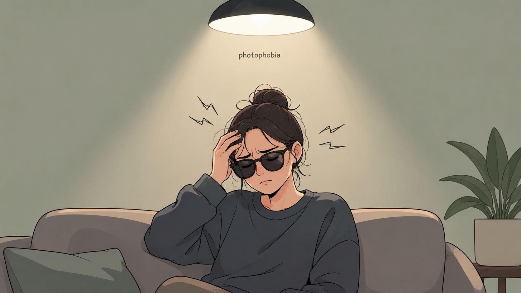 A distressed young woman wearing sunglasses inside while sitting on a couch, suffering from intense photophobia.