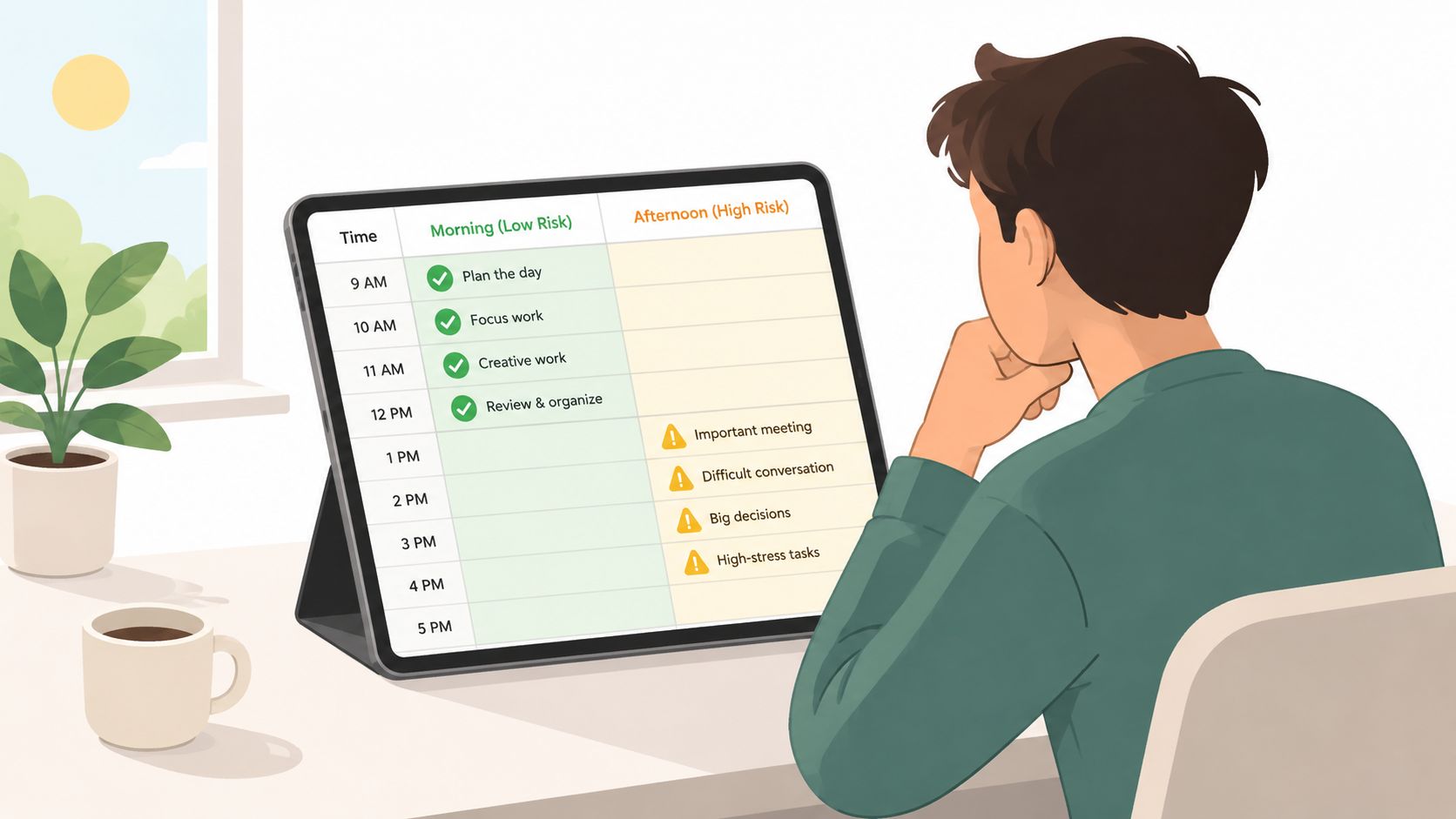 A person viewing a daily task schedule on a tablet, categorized by morning low-risk and afternoon high-risk tasks.
