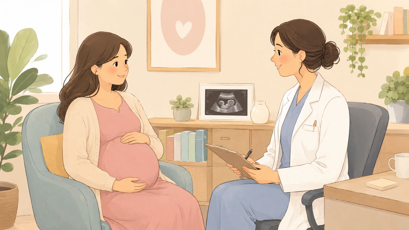 A pregnant woman sitting in a chair consulting with her doctor in a warm, welcoming office setting.