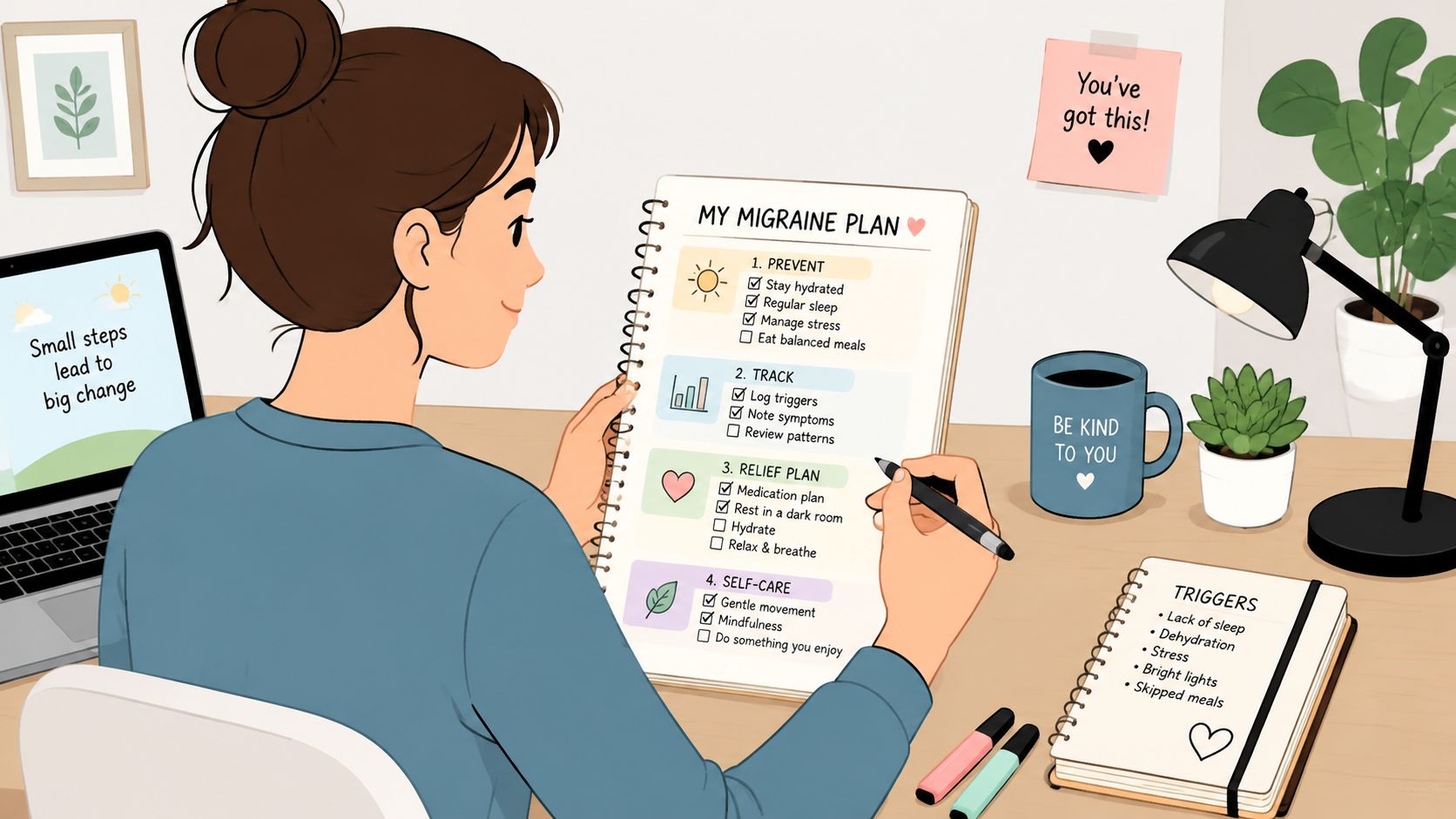 A woman working at a desk, checking off items on her structured migraine management plan notebook.