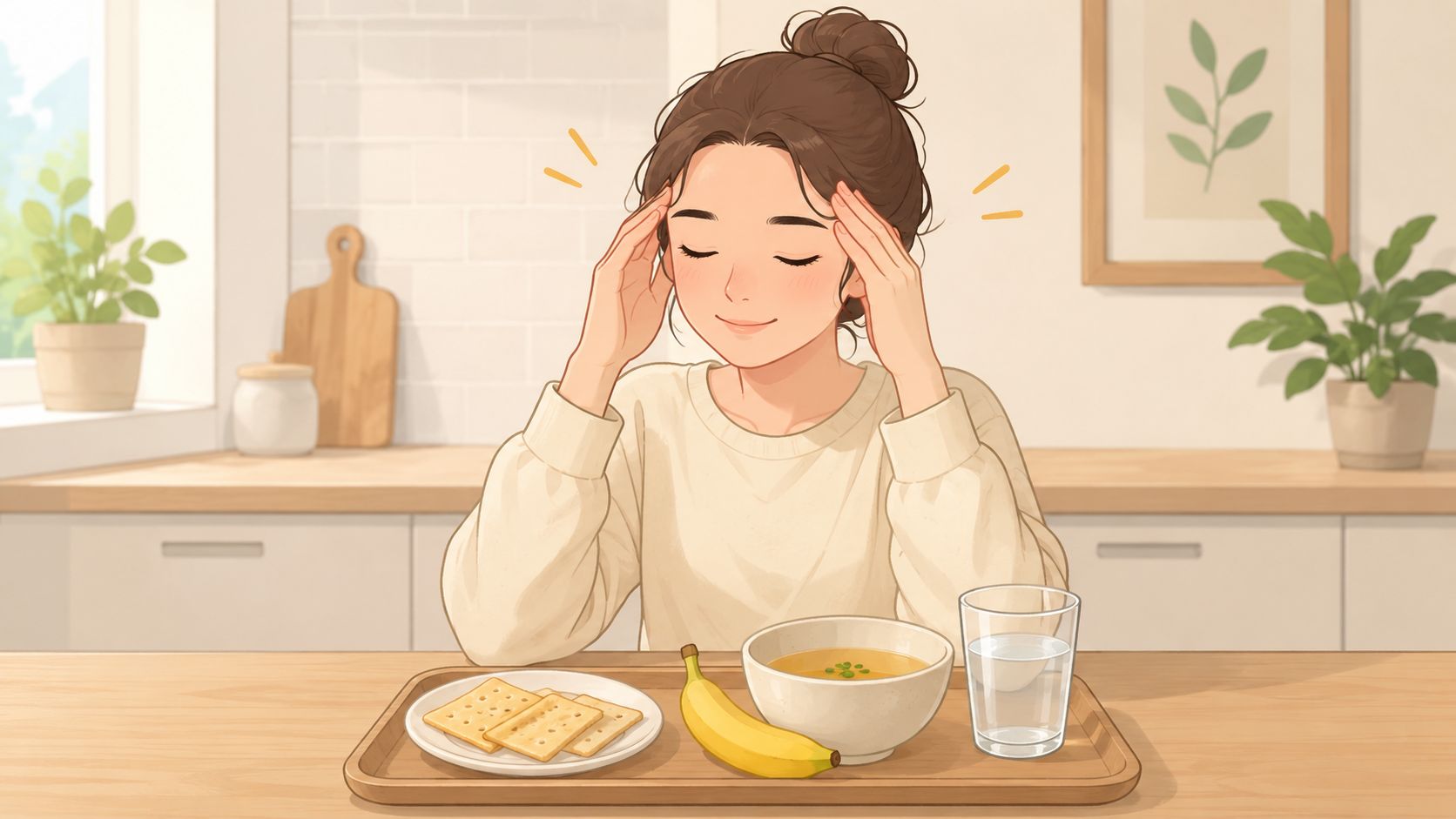 A woman sits at a kitchen table with a gentle meal of crackers, banana, soup, and water.