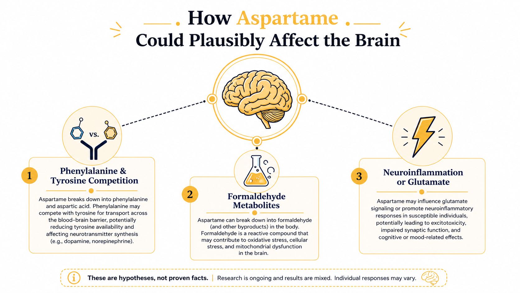 An infographic diagram explaining three hypothesized ways that aspartame consumption may potentially affect the human brain.