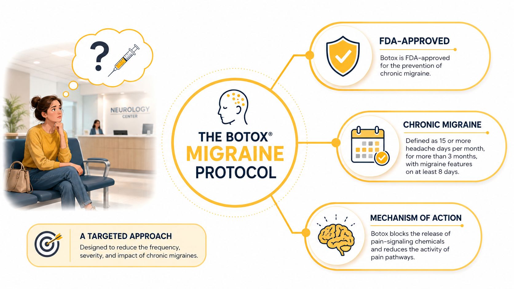 An infographic explaining the Botox migraine protocol, including its FDA approval, definition of chronic migraine, and mechanism.