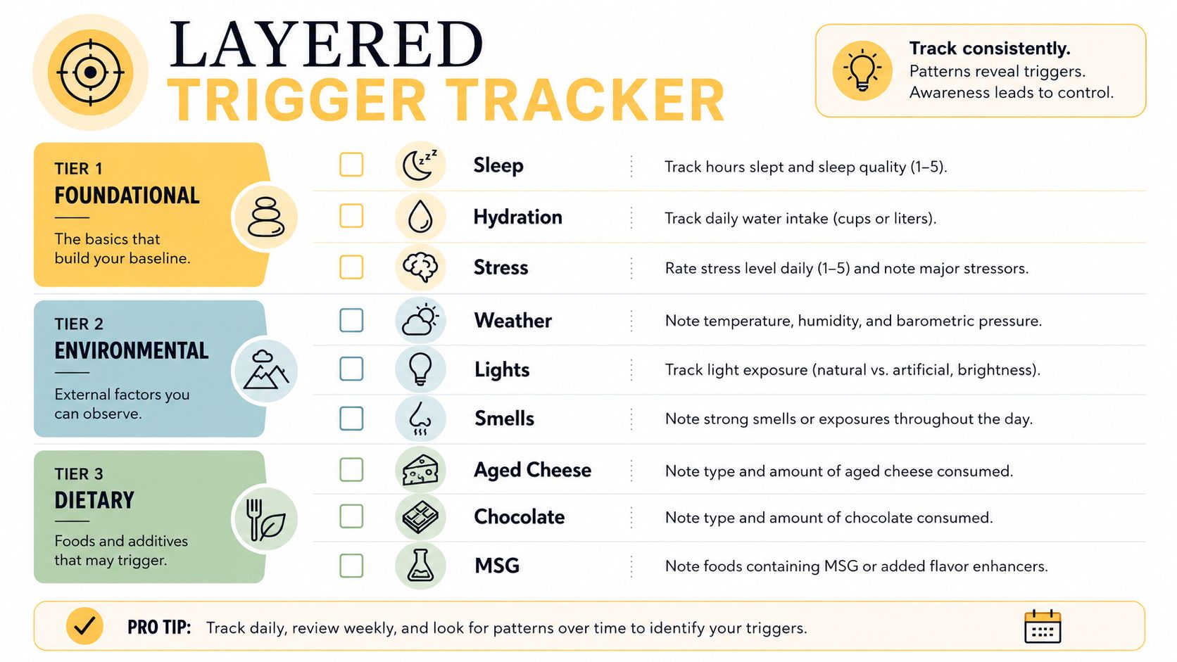 A layered trigger tracker chart organized into foundational, environmental, and dietary categories to help identify health triggers.