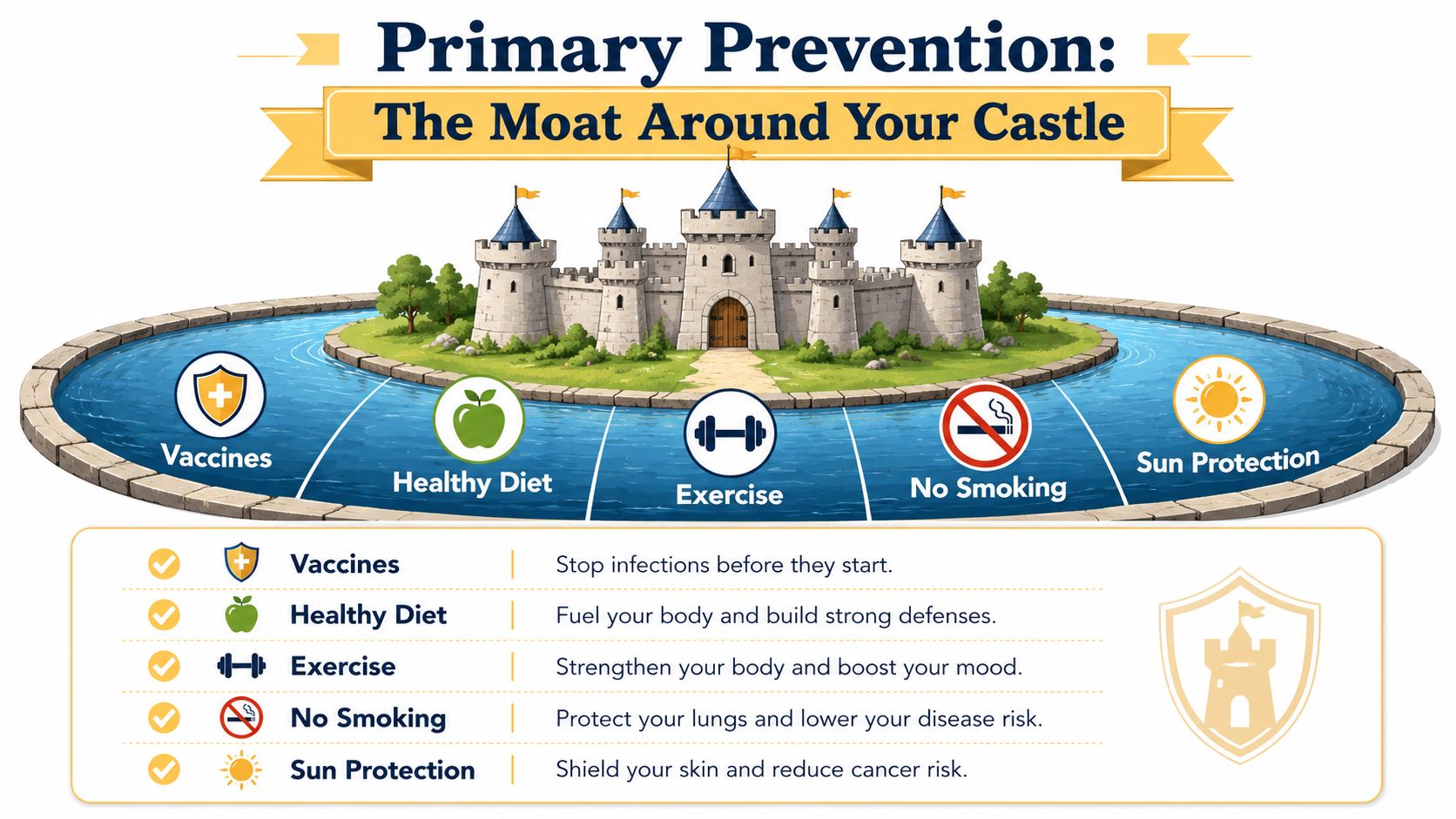 An infographic illustrating primary prevention methods like vaccines, diet, exercise, smoking cessation, and sun protection as a moat.