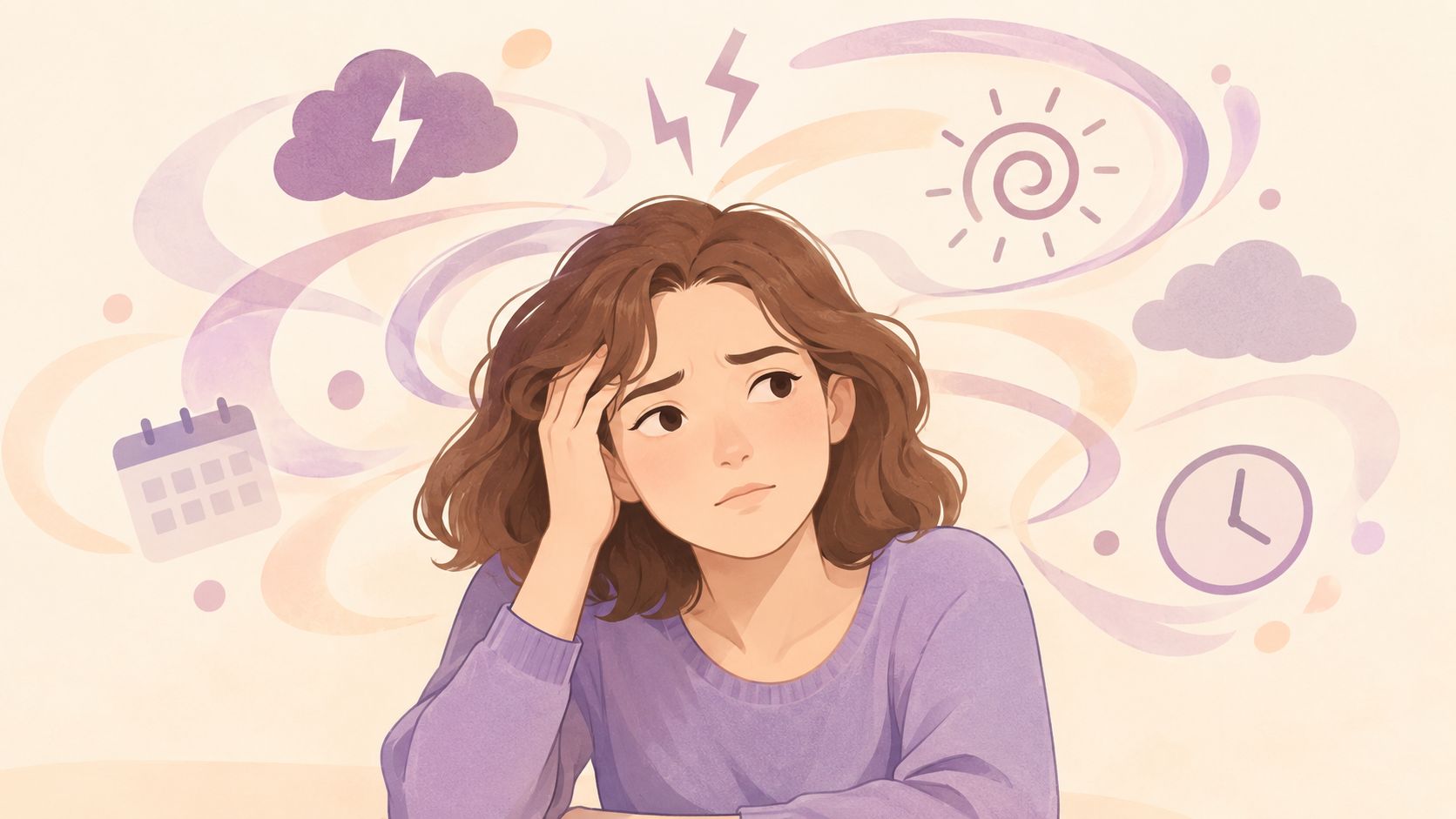 A young woman with a concerned expression surrounded by symbolic icons representing stress, time, and anxiety.