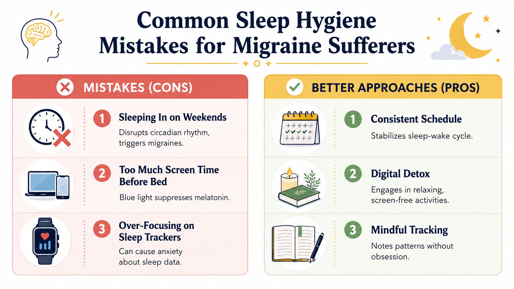 An infographic comparing sleep hygiene mistakes and better approaches for individuals who suffer from migraines.