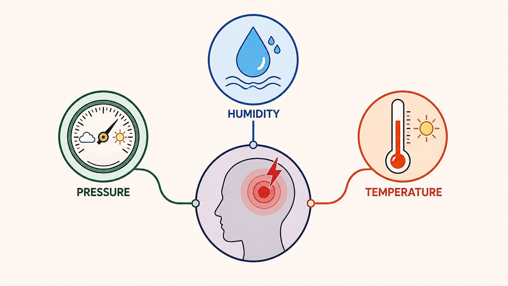 An infographic showing environmental factors like pressure, humidity, and temperature contributing to head pain or headaches.