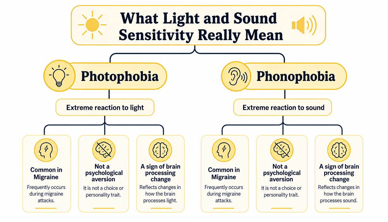 A flowchart explaining that photophobia and phonophobia are symptoms of brain processing changes rather than psychological aversions.