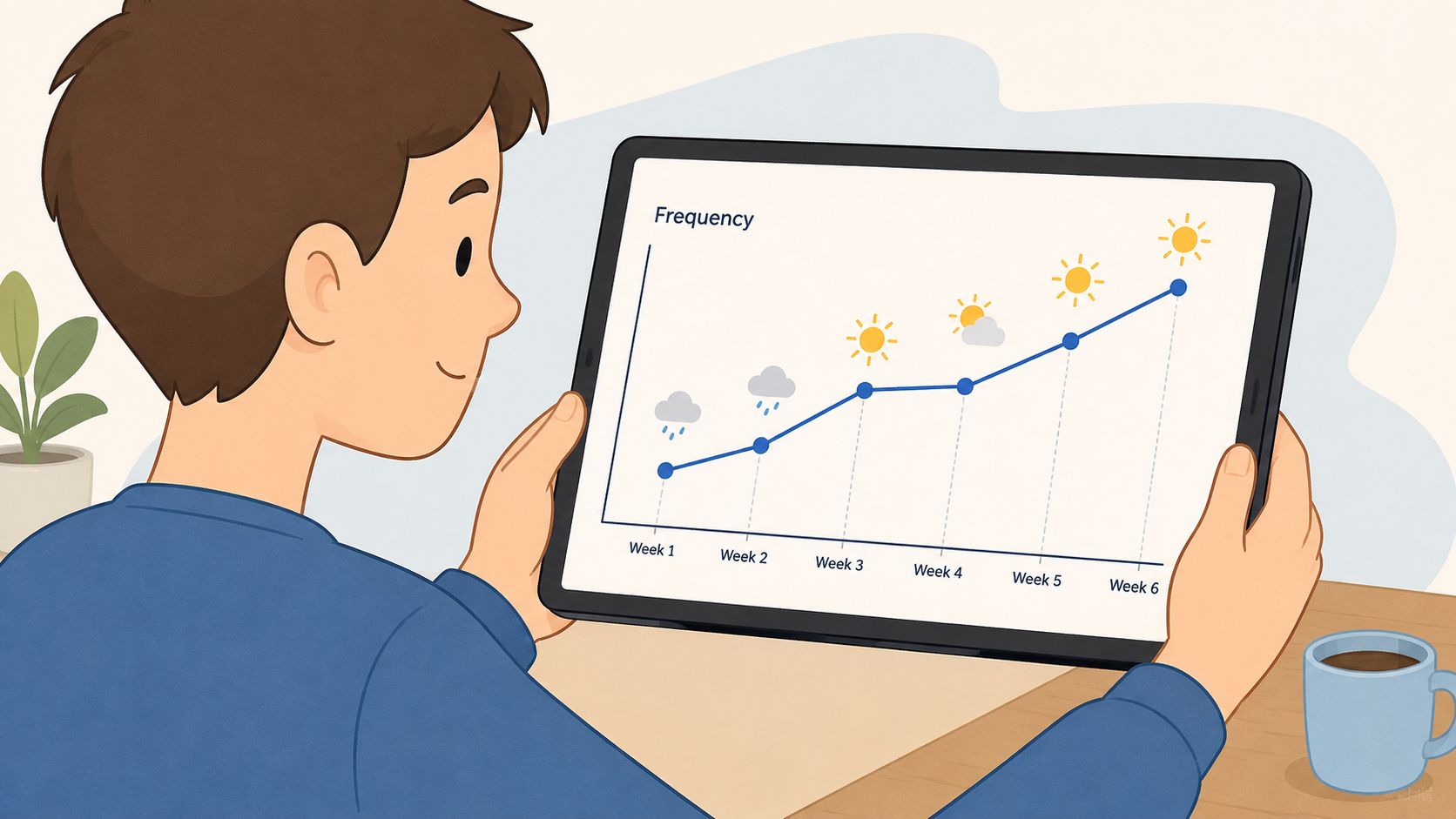 A person looking at a tablet displaying a chart of weather frequency over six weeks.