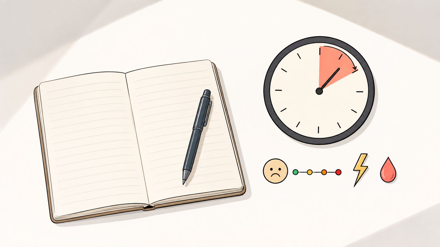 An open notebook with a pen next to a clock, mood scale, lightning bolt, and blood drop icon.
