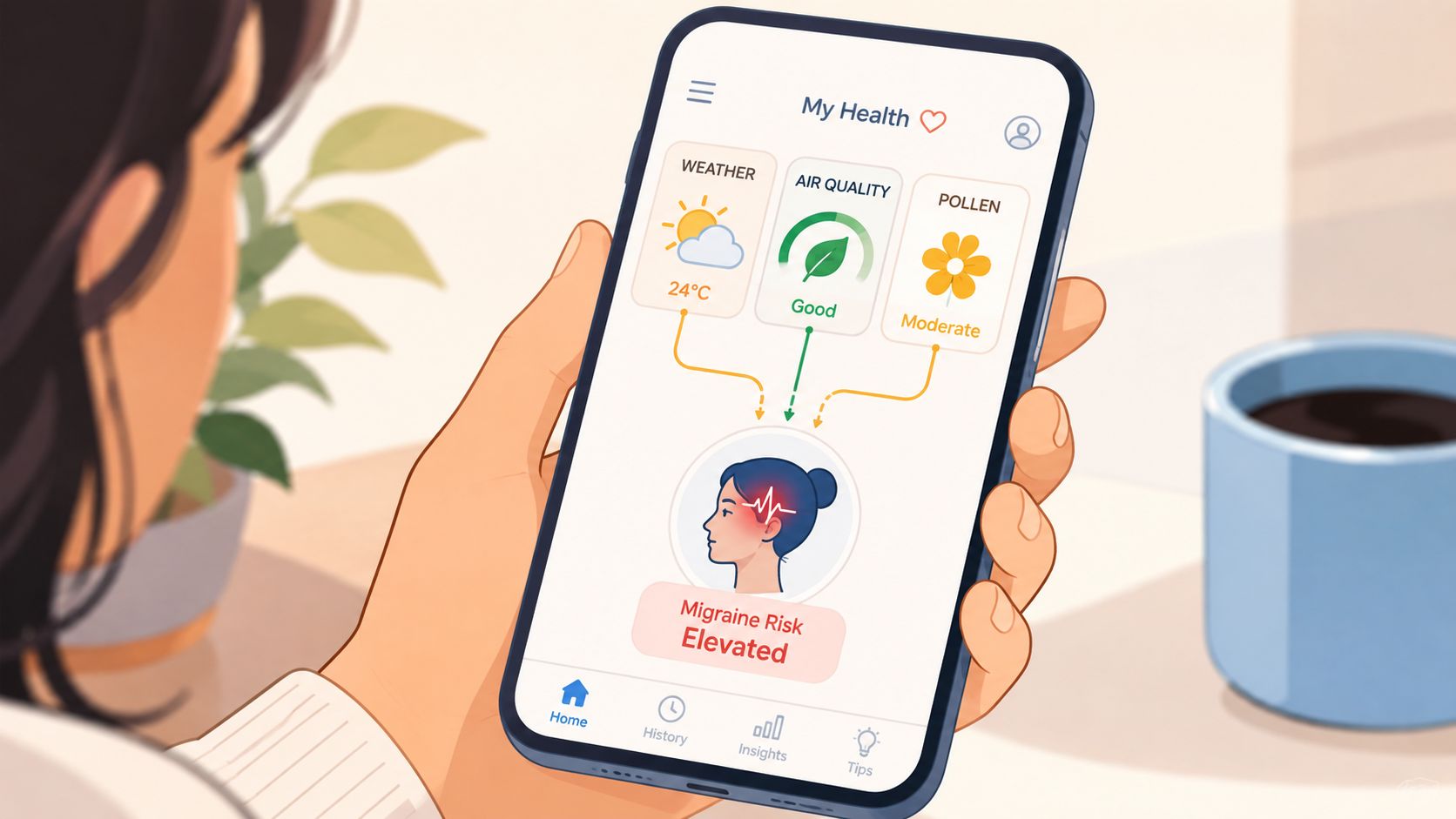 A person holding a smartphone displaying a health app tracking environmental factors and migraine risk levels.