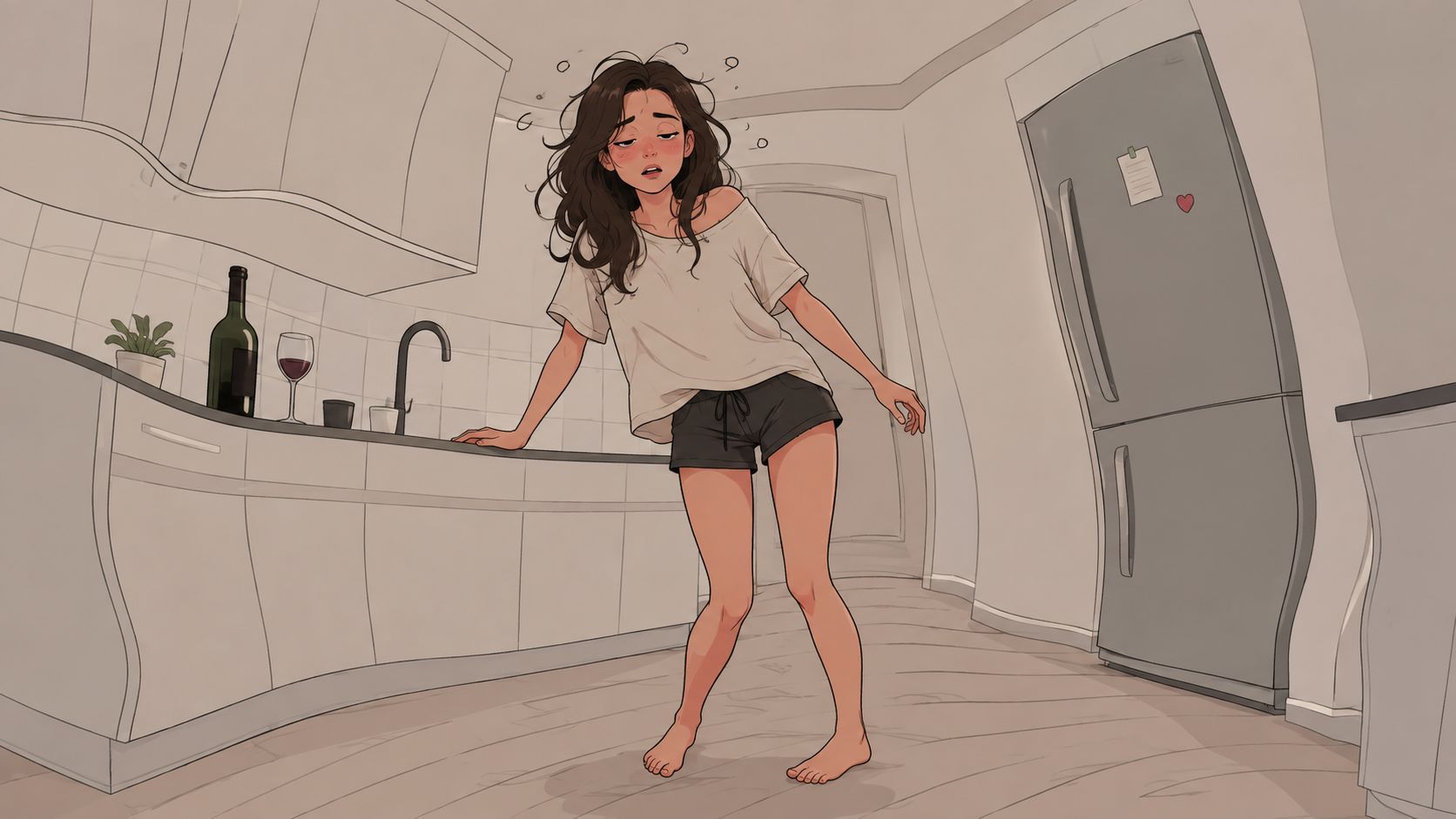 A young woman appearing disoriented and dizzy in a kitchen, experiencing symptoms of a vestibular migraine.
