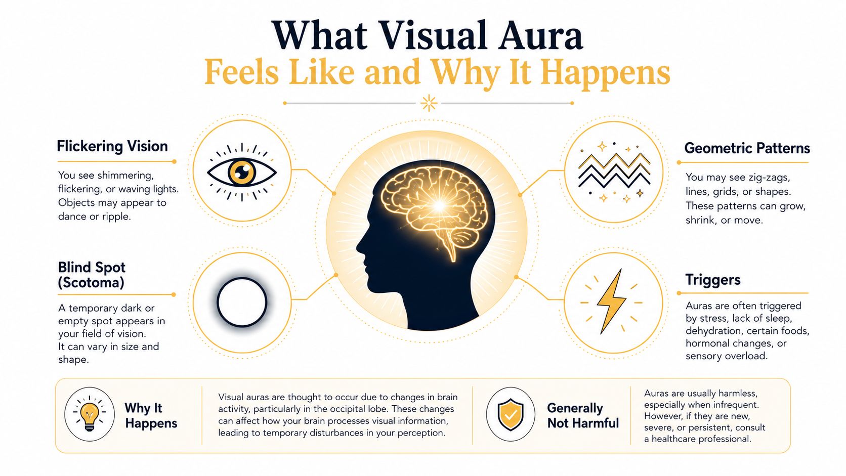 An infographic explaining visual aura symptoms like flickering vision, blind spots, geometric patterns, and common medical triggers.