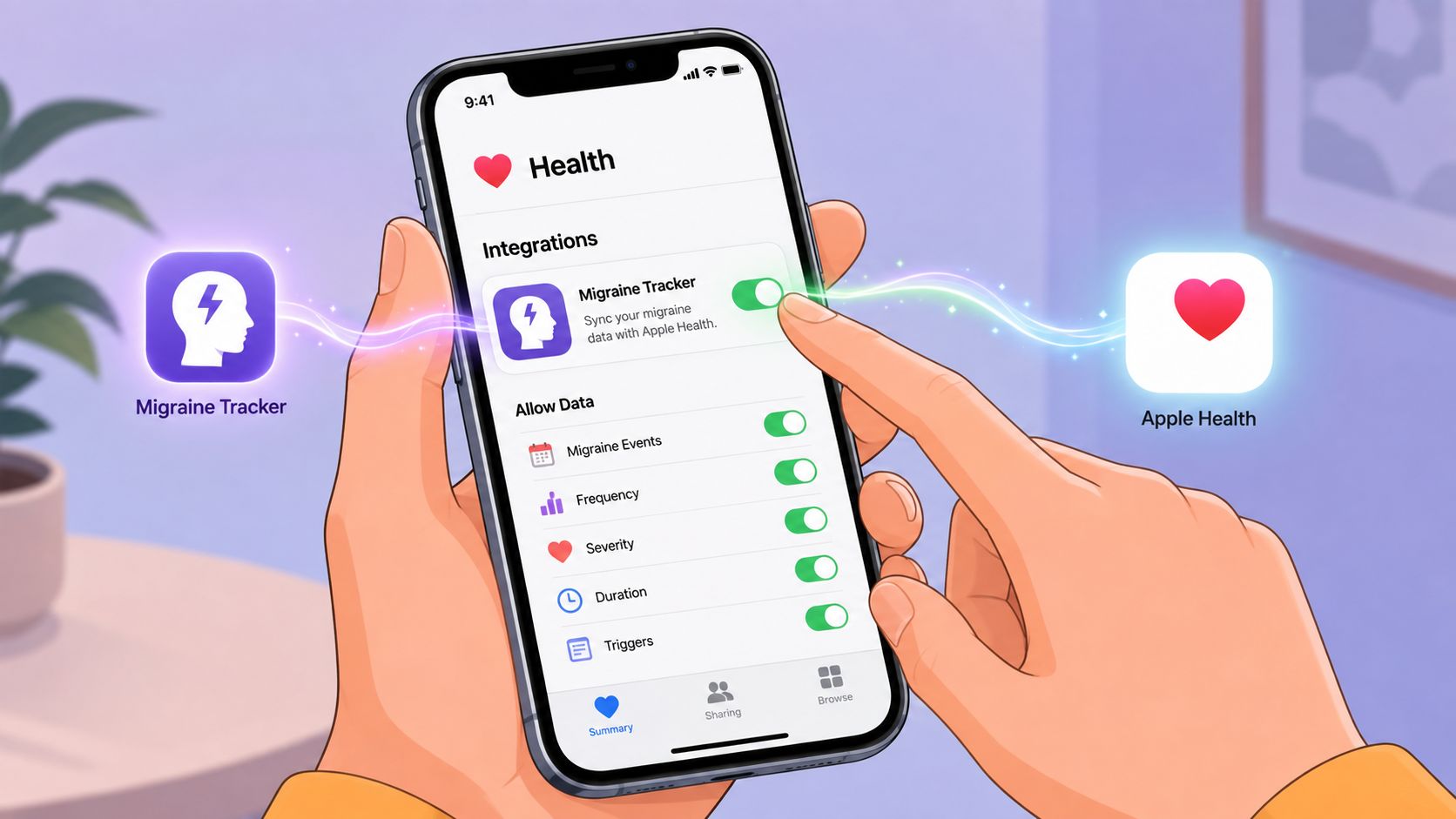 A digital illustration showing a person using a smartphone to sync Migraine Tracker app data with Apple Health.
