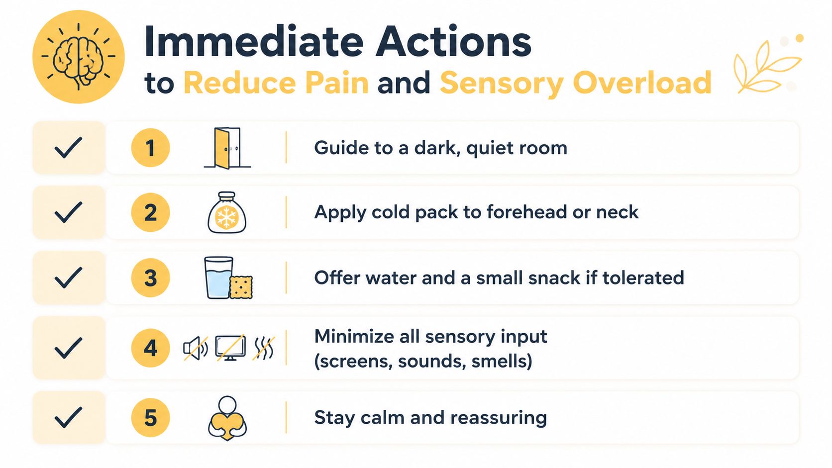 A helpful infographic listing five immediate steps to help someone manage pain and sensory overload.