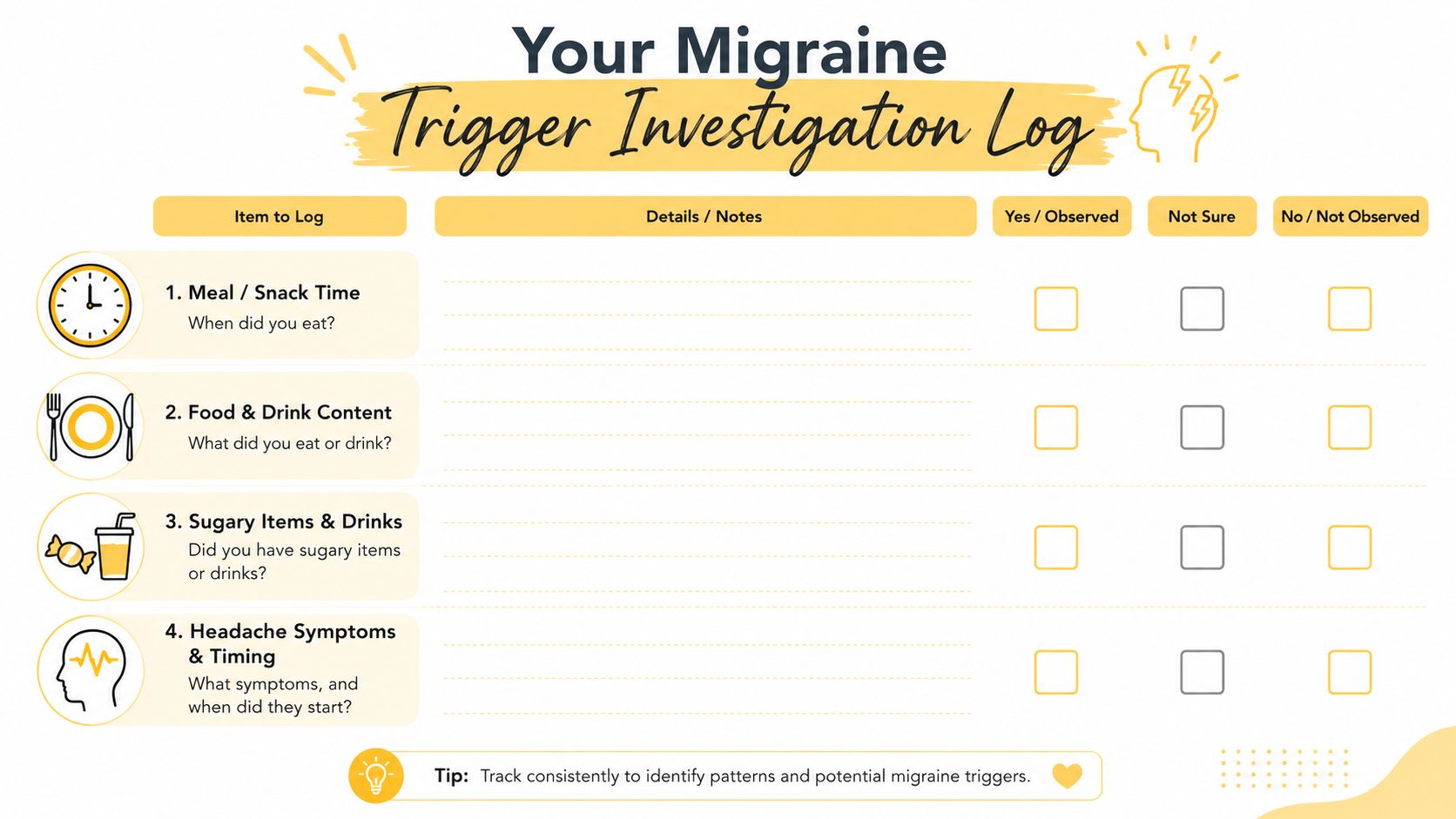 A Migraine Trigger Investigation Log template designed to help track meal times, food intake, and symptoms.