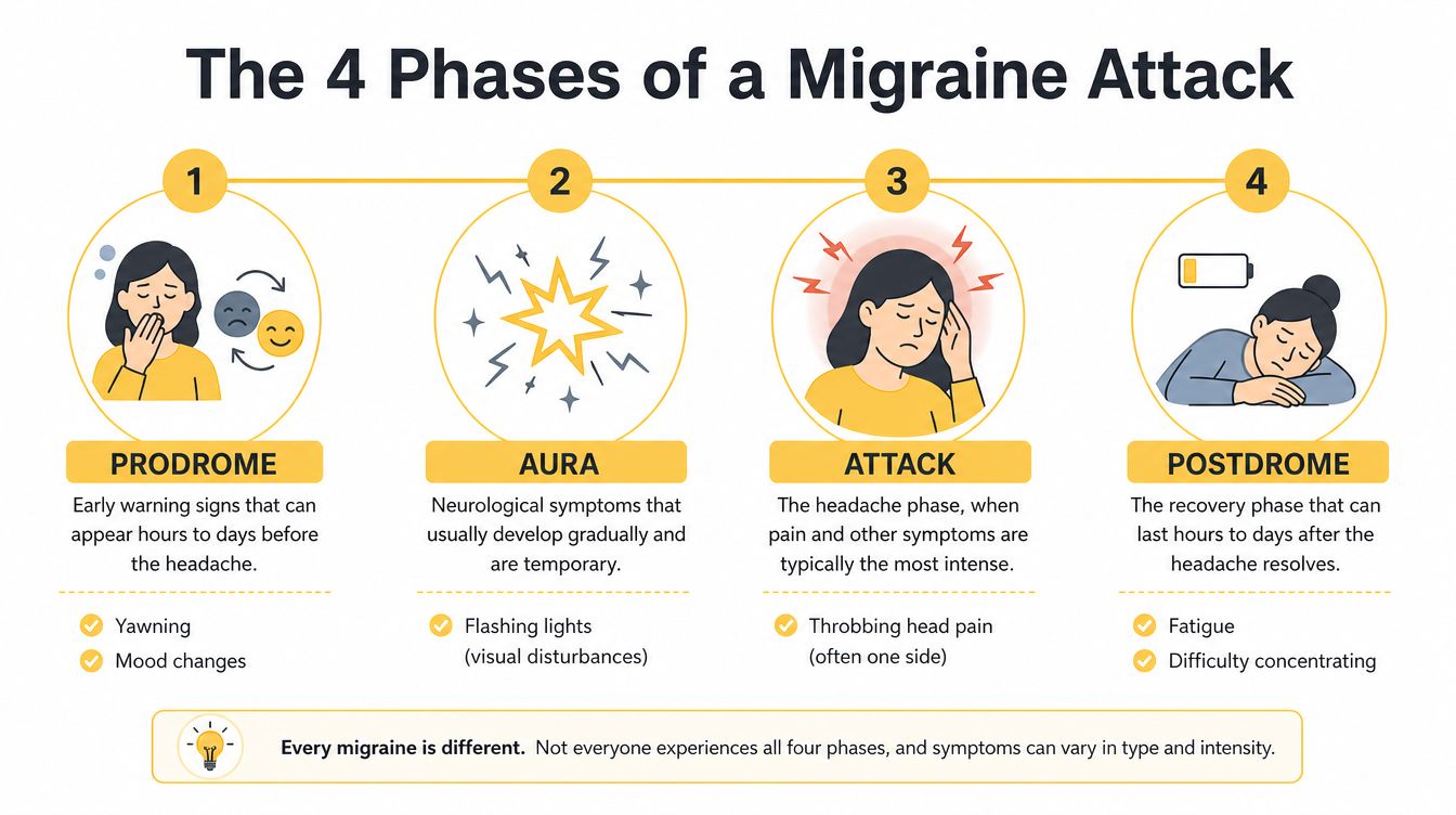 An infographic showing the four phases of a migraine attack: prodrome, aura, attack, and postdrome.
