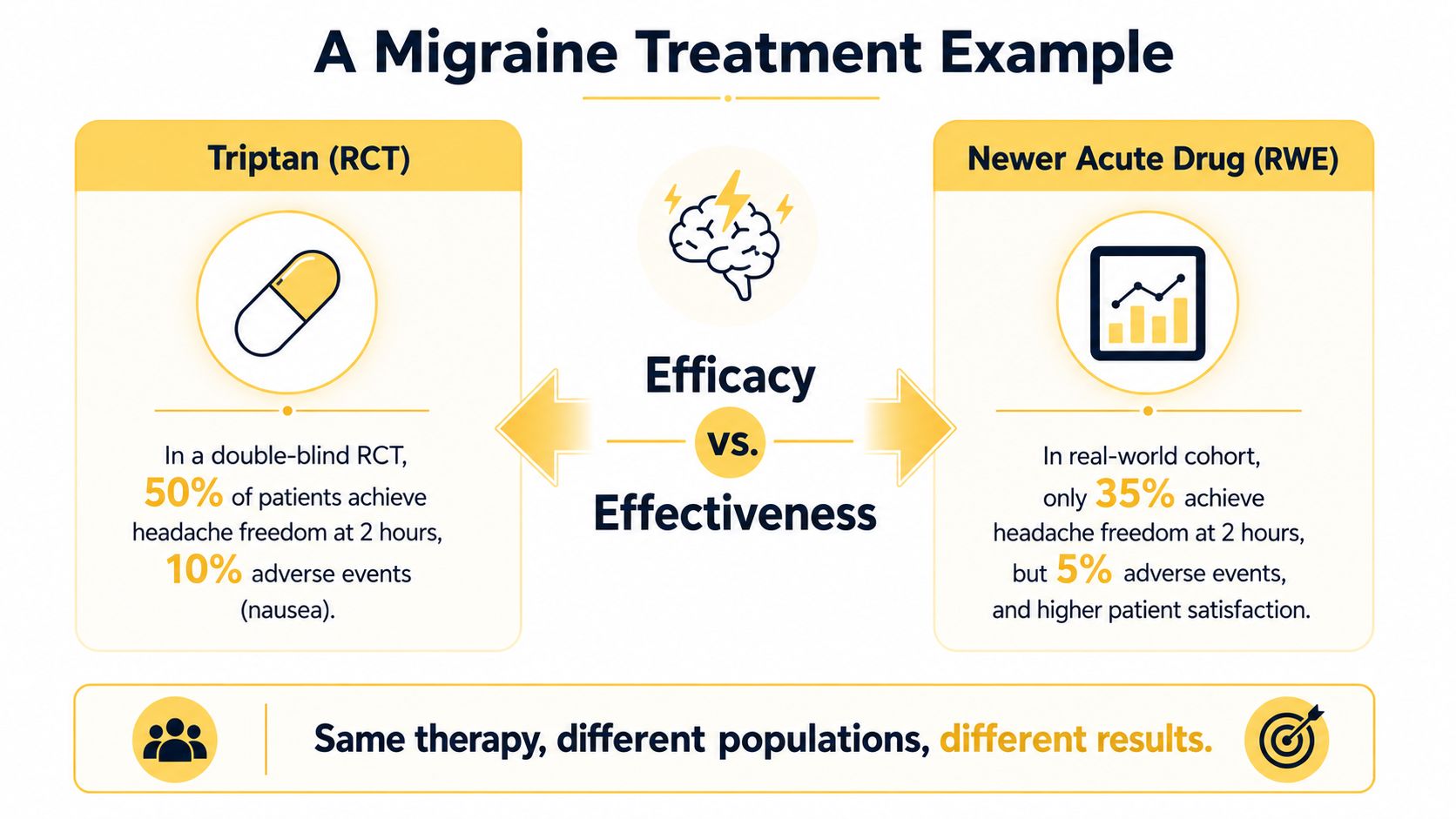 An infographic comparing the efficacy of Triptan in clinical trials versus the effectiveness of newer migraine drugs.