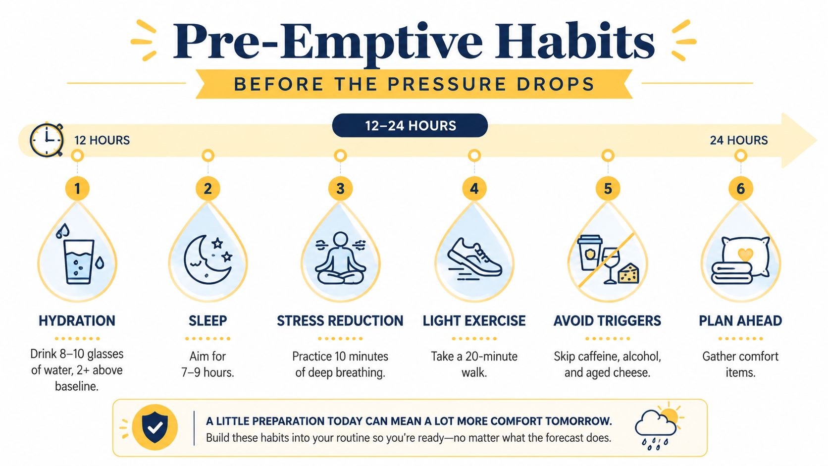 An infographic showing six pre-emptive habits to prepare for changing barometric pressure and headache symptoms.
