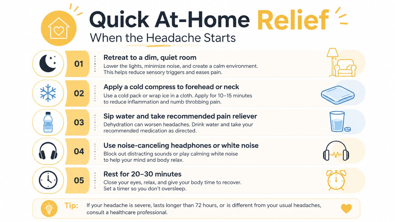 A five-step infographic offering practical at-home tips for relieving headaches, including resting and using cold compresses.