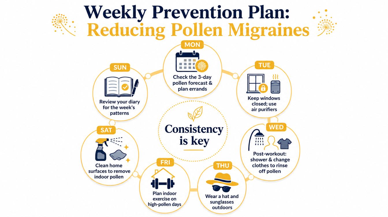 A weekly prevention plan diagram showing seven daily tips for reducing migraines triggered by pollen exposure.