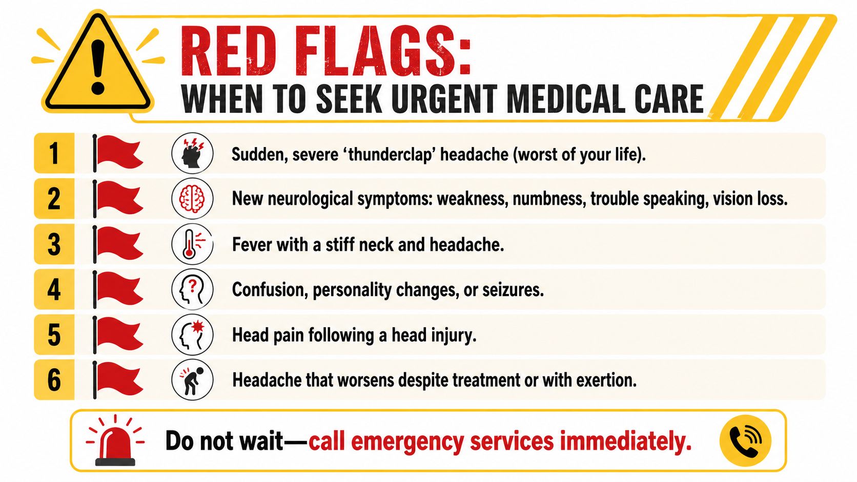 A list of red flag symptoms for headaches indicating when to seek urgent medical care immediately.