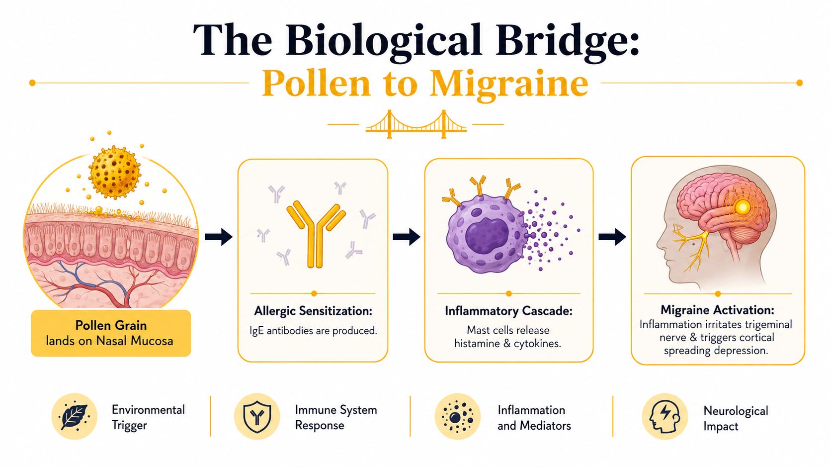 A diagram illustrating how pollen triggers a biological immune response leading to migraine symptoms and neurological pain.