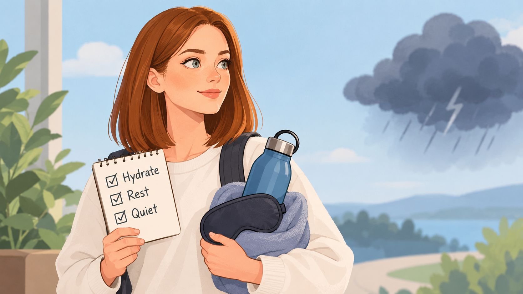 A woman holding a checklist for migraine relief with items labeled hydrate, rest, and quiet.
