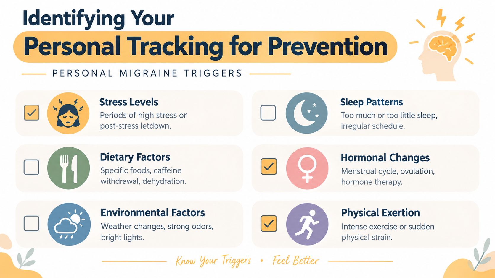 A migraine tracking infographic identifying common triggers like stress, sleep, diet, hormones, environment, and physical exertion.