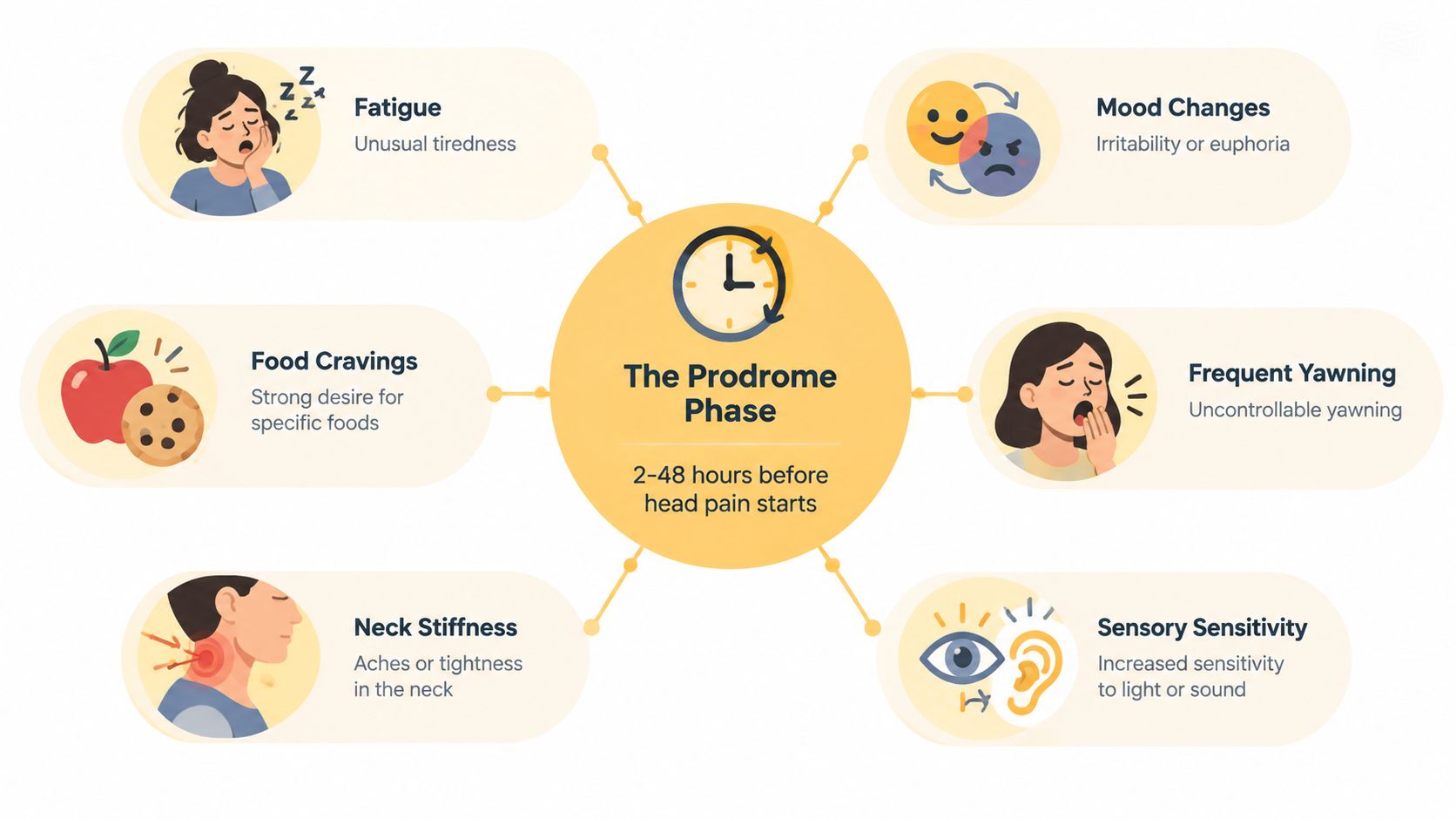 An infographic showing symptoms of the migraine prodrome phase, including fatigue, food cravings, neck stiffness, mood changes, and yawning.